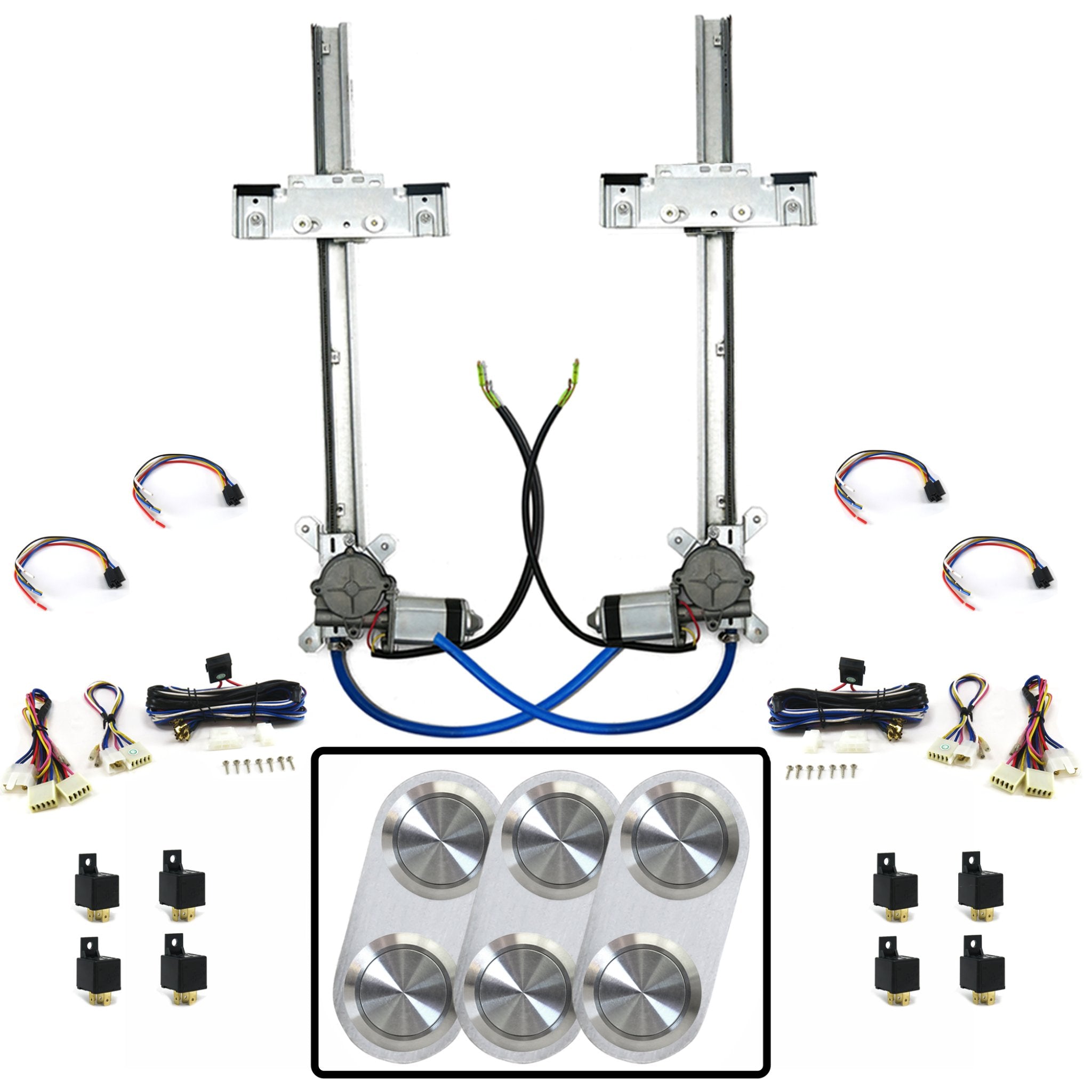Kit de ventana eléctrica de vidrio plano de 2 puertas con 3 interruptores de aluminio Billet serie Daytona