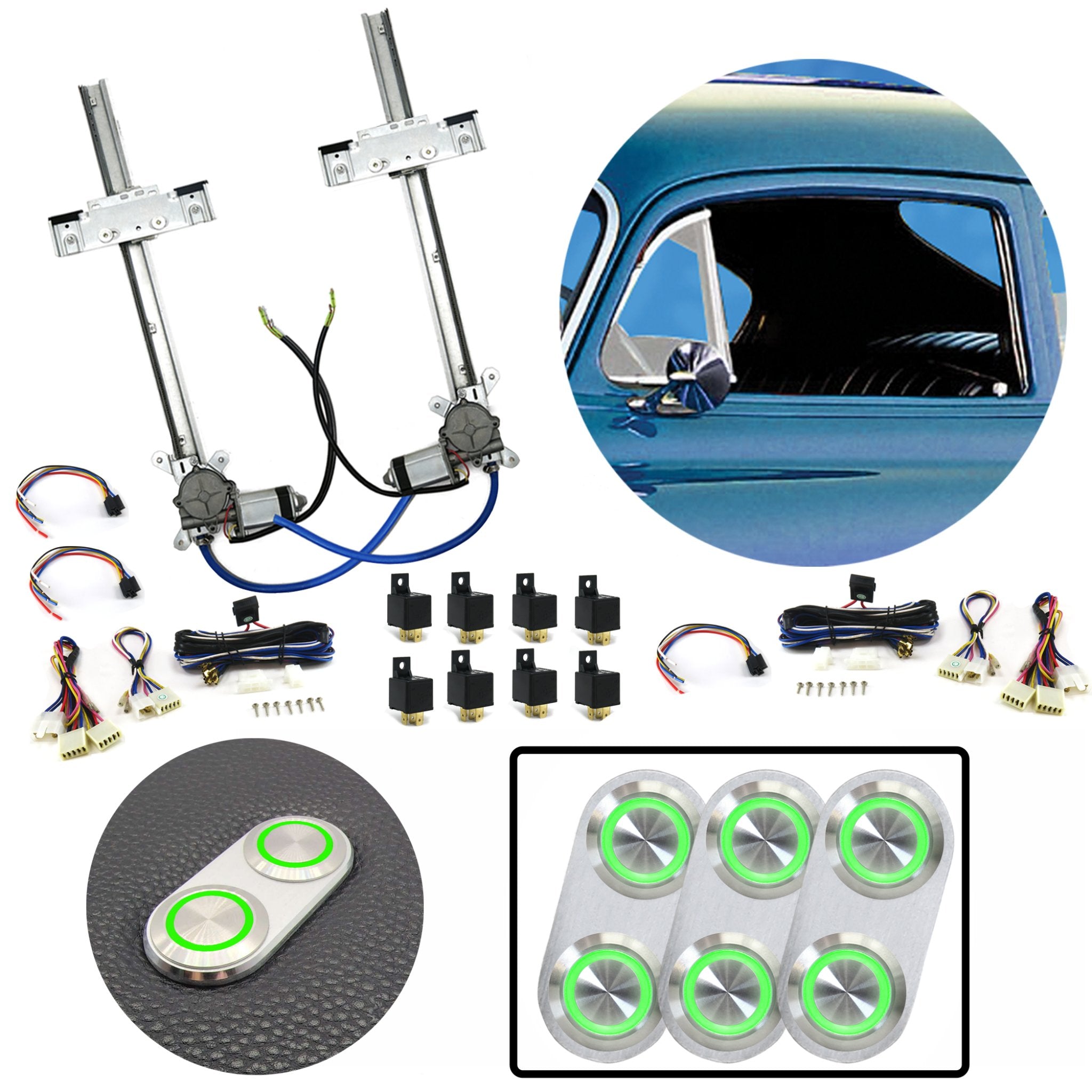 Kit de ventana eléctrica de vidrio plano de 2 puertas con 3 interruptores de aluminio Billet serie Daytona