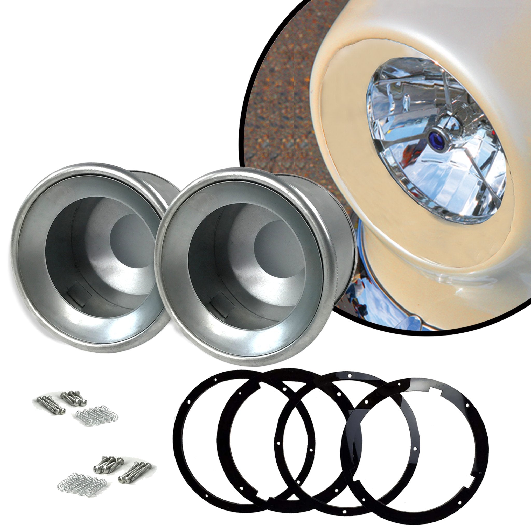 1942-1948 Pontiac Torpedo Series 29 Recessed Frenched Headlight Conversion Kit Set 7" Bucket Trim Ring Bezel