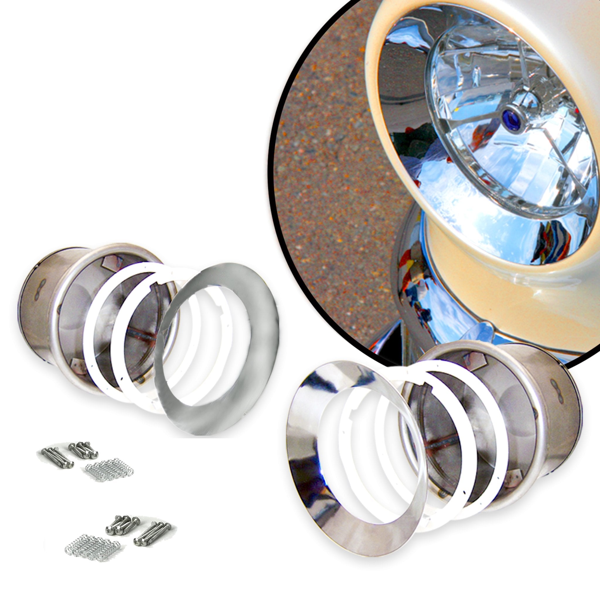 1942-1948 Pontiac Torpedo Series 29 Recessed Frenched Headlight Conversion Kit Set 7" Bucket Trim Ring Bezel