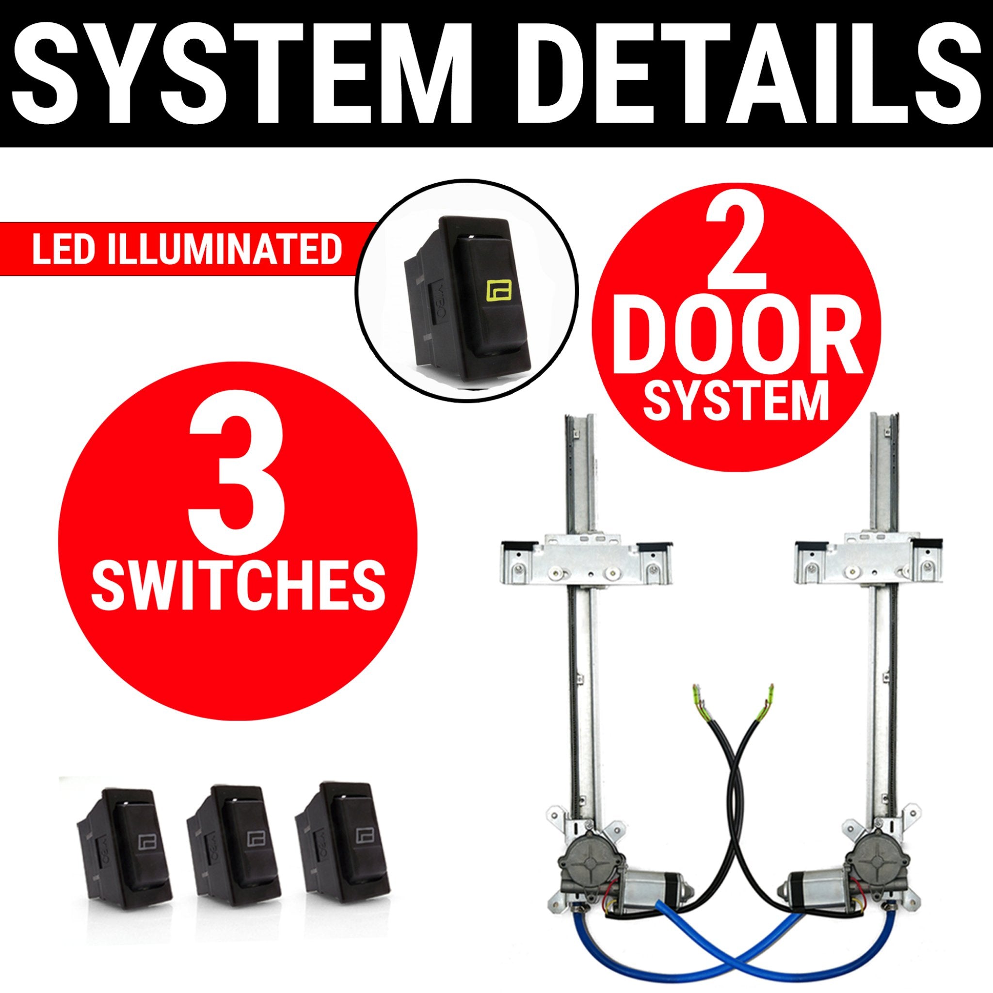 1908 Oldsmobile Model M 2 Door Power Window Kit Flat Glass With Switches & Wiring Harness