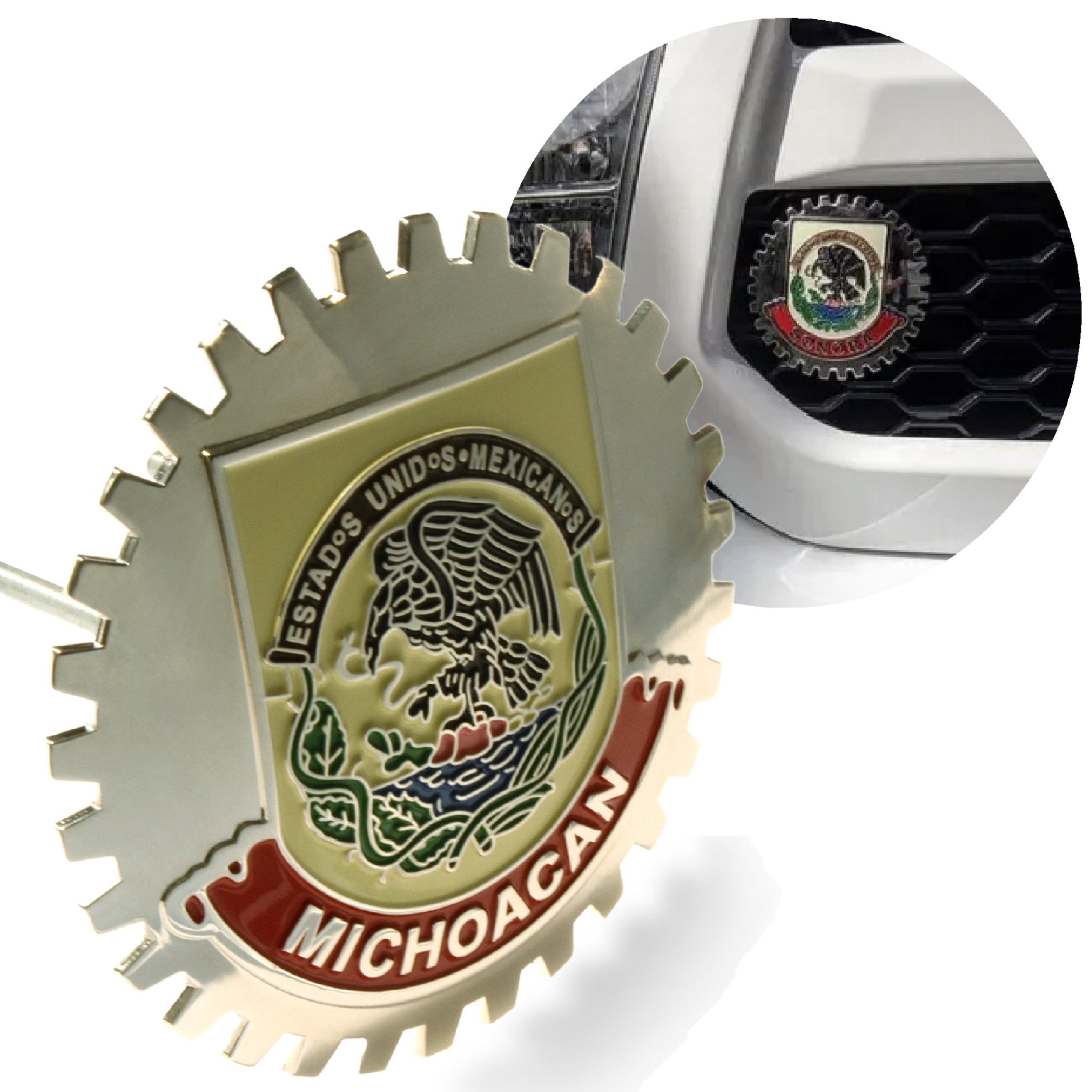 Chrome Car Truck Michoacan Mexico Grill Badge Emblem Flag Red Banner Medallion