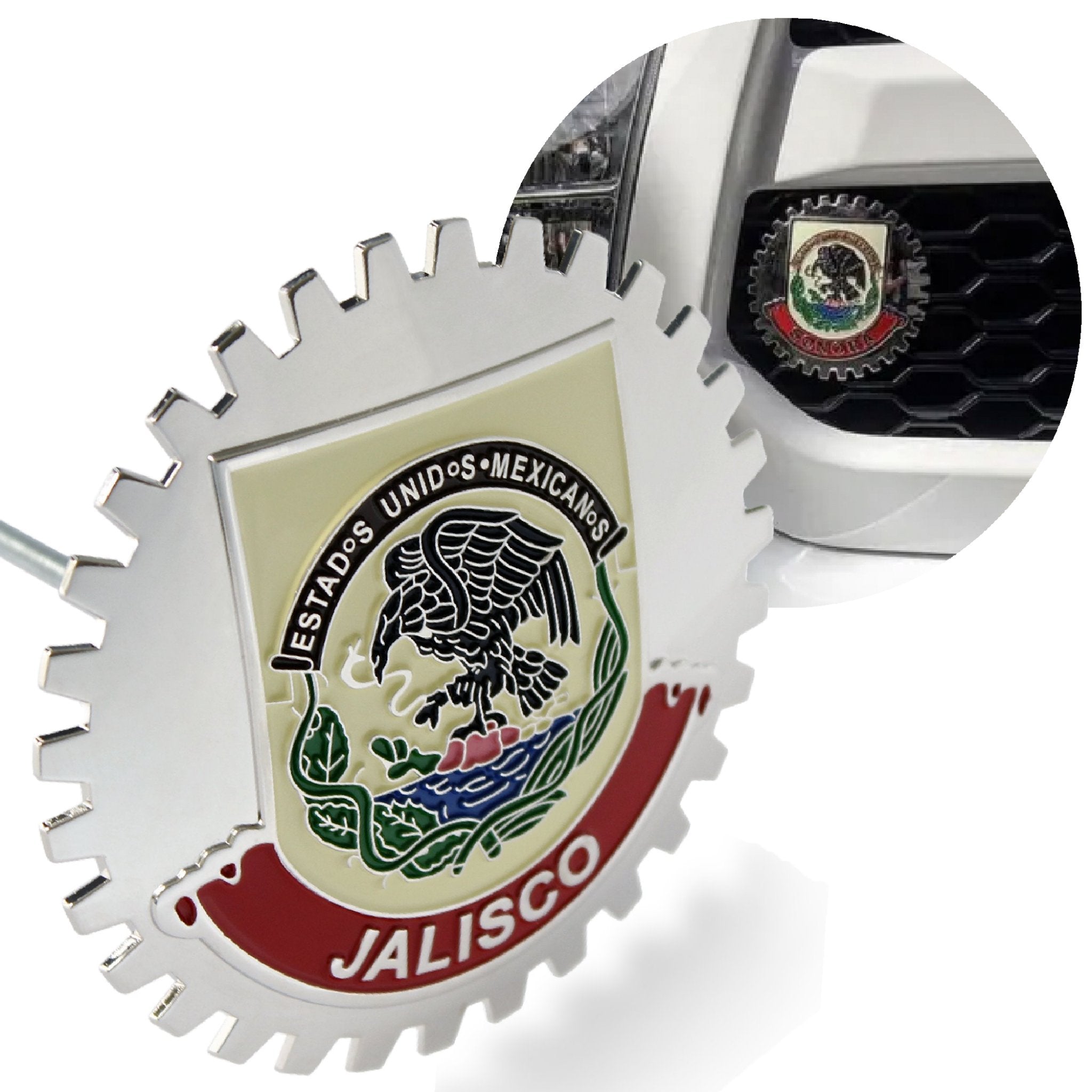 Chrome Grill Badge Jalisco Mexico Emblem Flag Red Banner Medallion Car Truck SUV