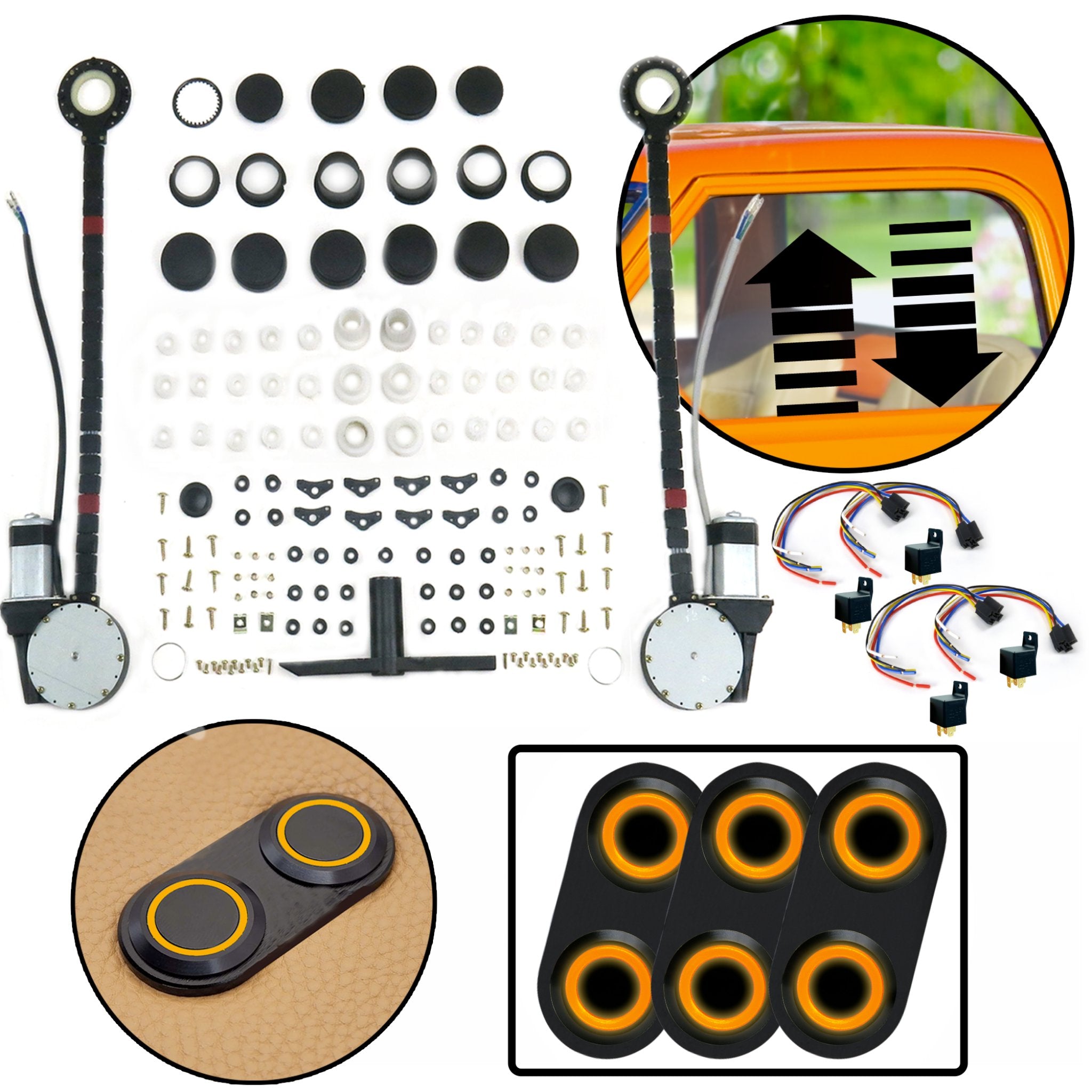 2000-2005 Nissan Prairie / Axxes / Liberty 2 Door Power Window Kit with Black Billet Aluminum Daytona Series Switches