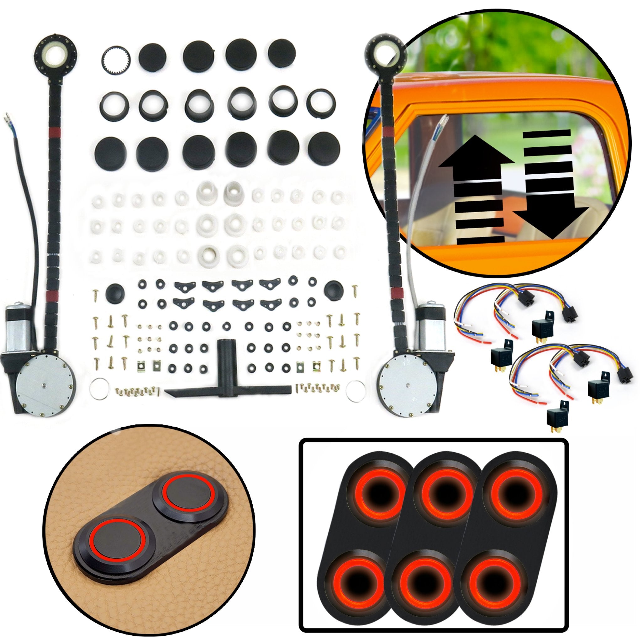 2000-2005 Nissan Prairie / Axxes / Liberty 2 Door Power Window Kit with Black Billet Aluminum Daytona Series Switches