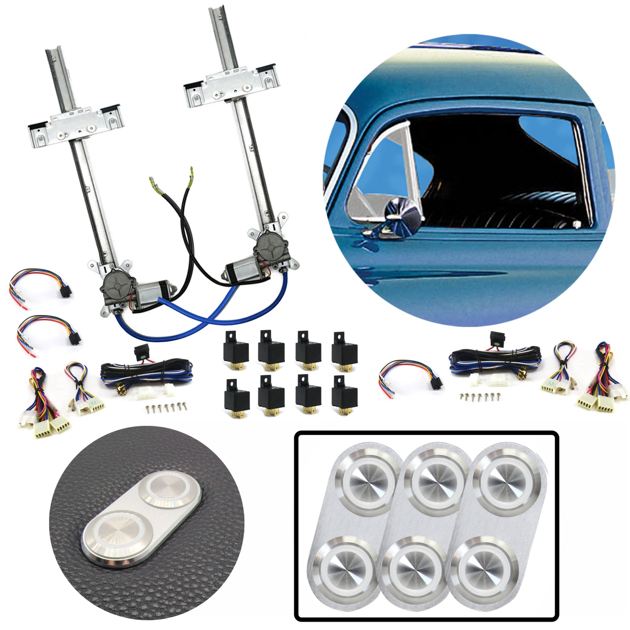 Kit de ventana eléctrica de vidrio plano de 2 puertas con 3 interruptores de aluminio Billet serie Daytona