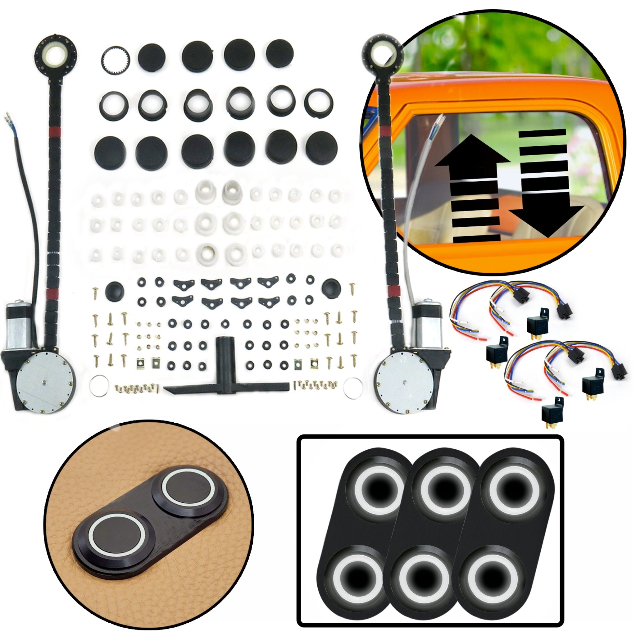 2000-2005 Nissan Prairie / Axxes / Liberty 2 Door Power Window Kit with Black Billet Aluminum Daytona Series Switches