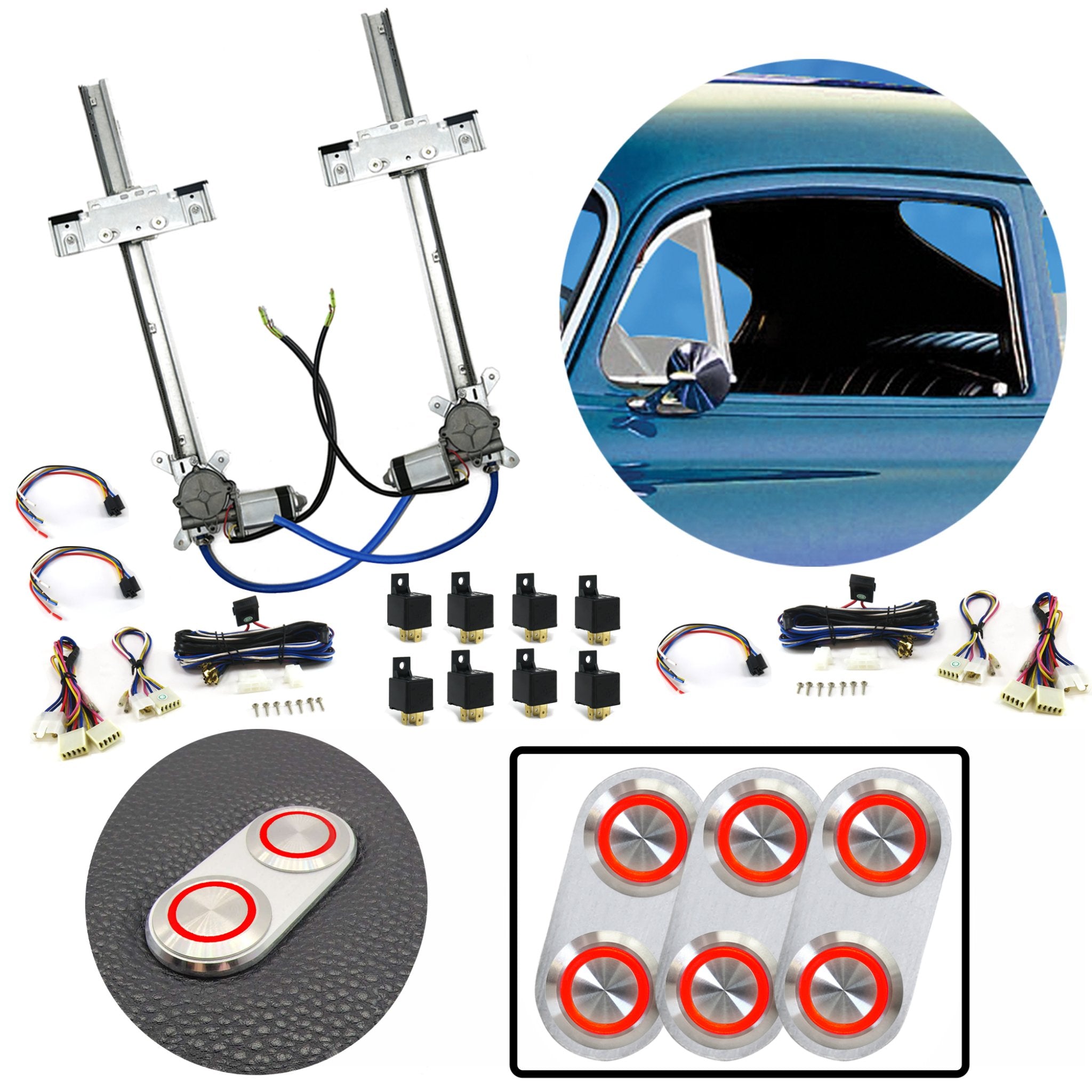 Kit de ventana eléctrica de vidrio plano de 2 puertas con 3 interruptores de aluminio Billet serie Daytona