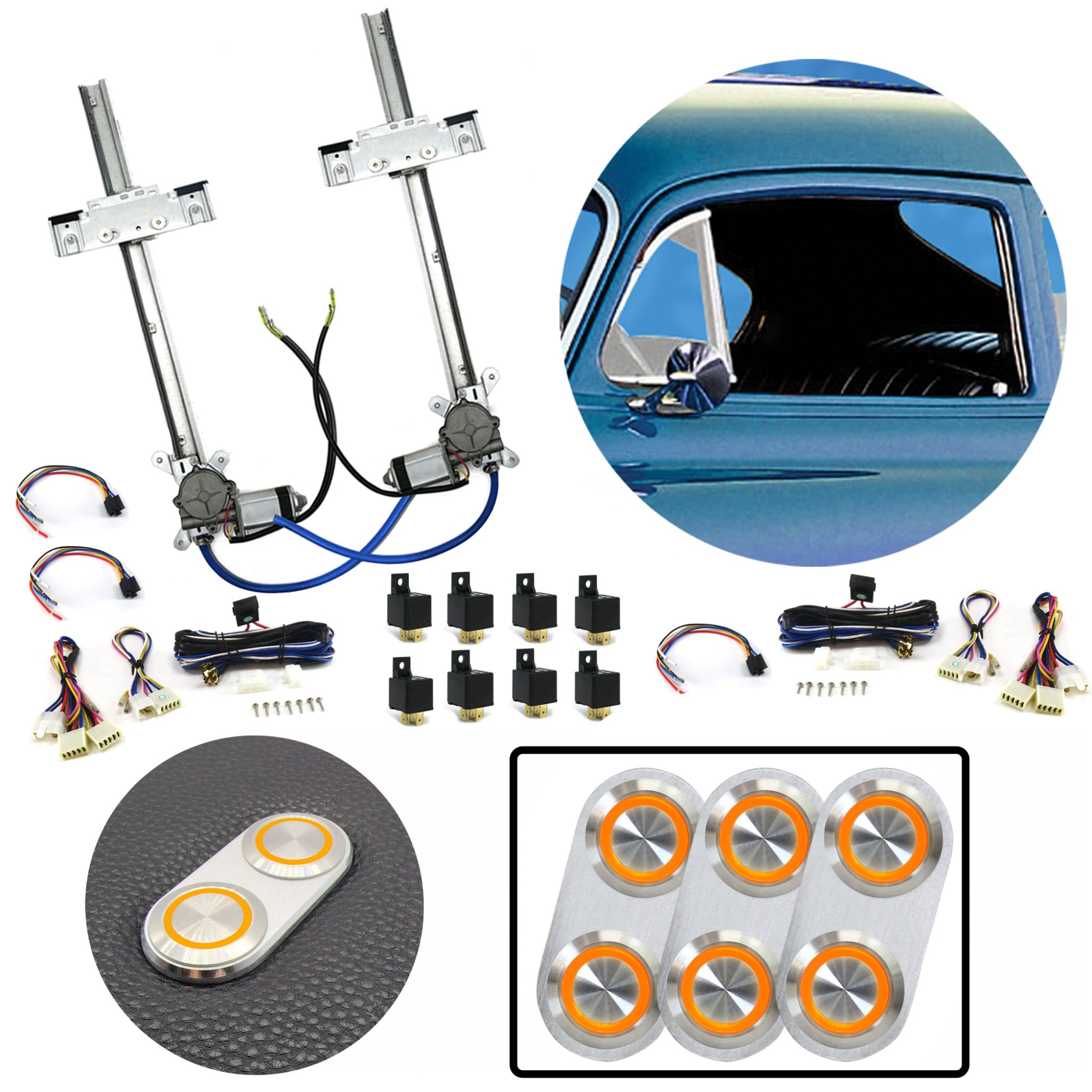 Kit de ventana eléctrica de vidrio plano de 2 puertas con 3 interruptores de aluminio Billet serie Daytona