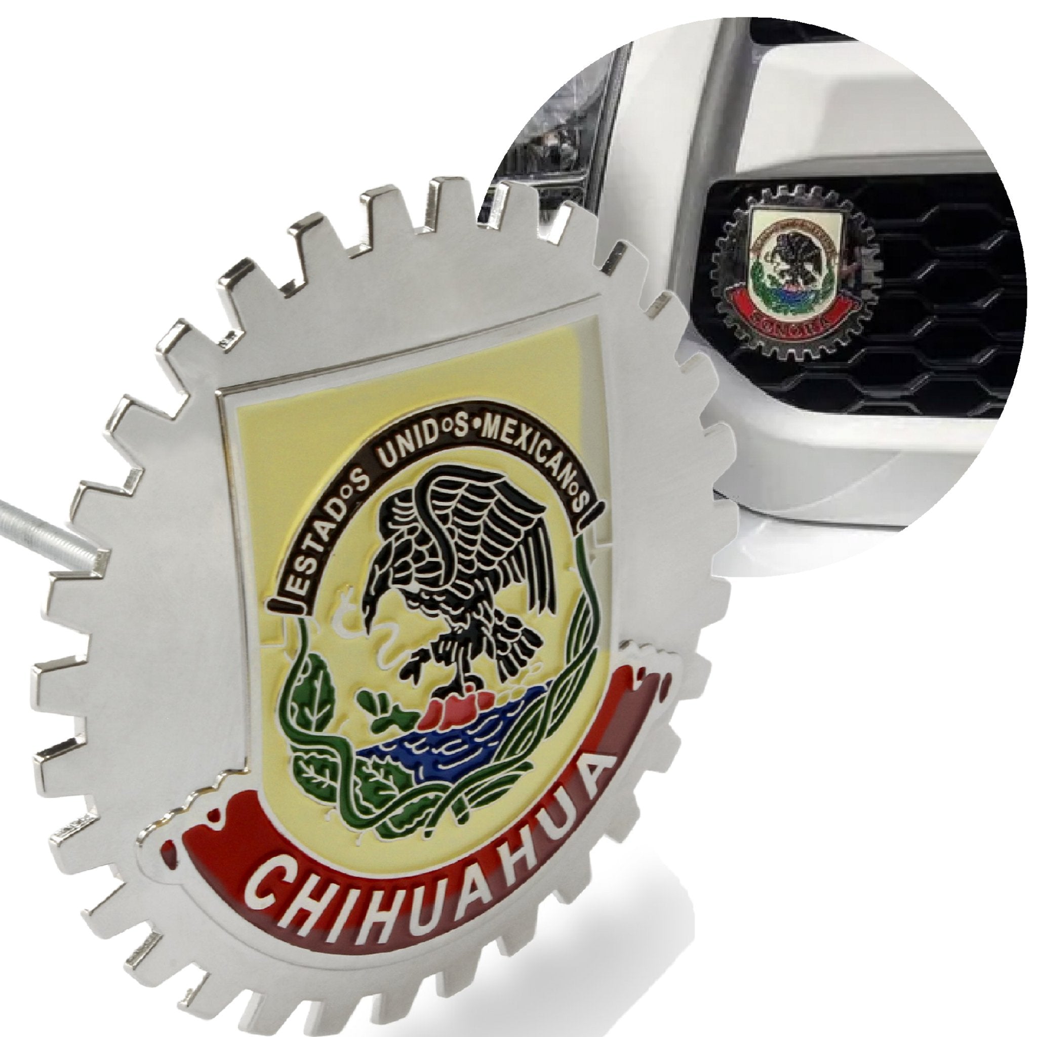 Chrome Car Truck Chihuahua Mexico Grill Badge Emblem Flag Red  Banner Medallion