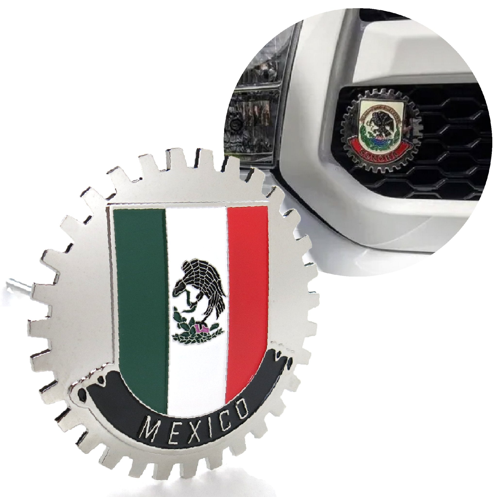 Chrome Car Truck Grill Badge Mexico Emblem Mexican Flag Black Banner Medallion