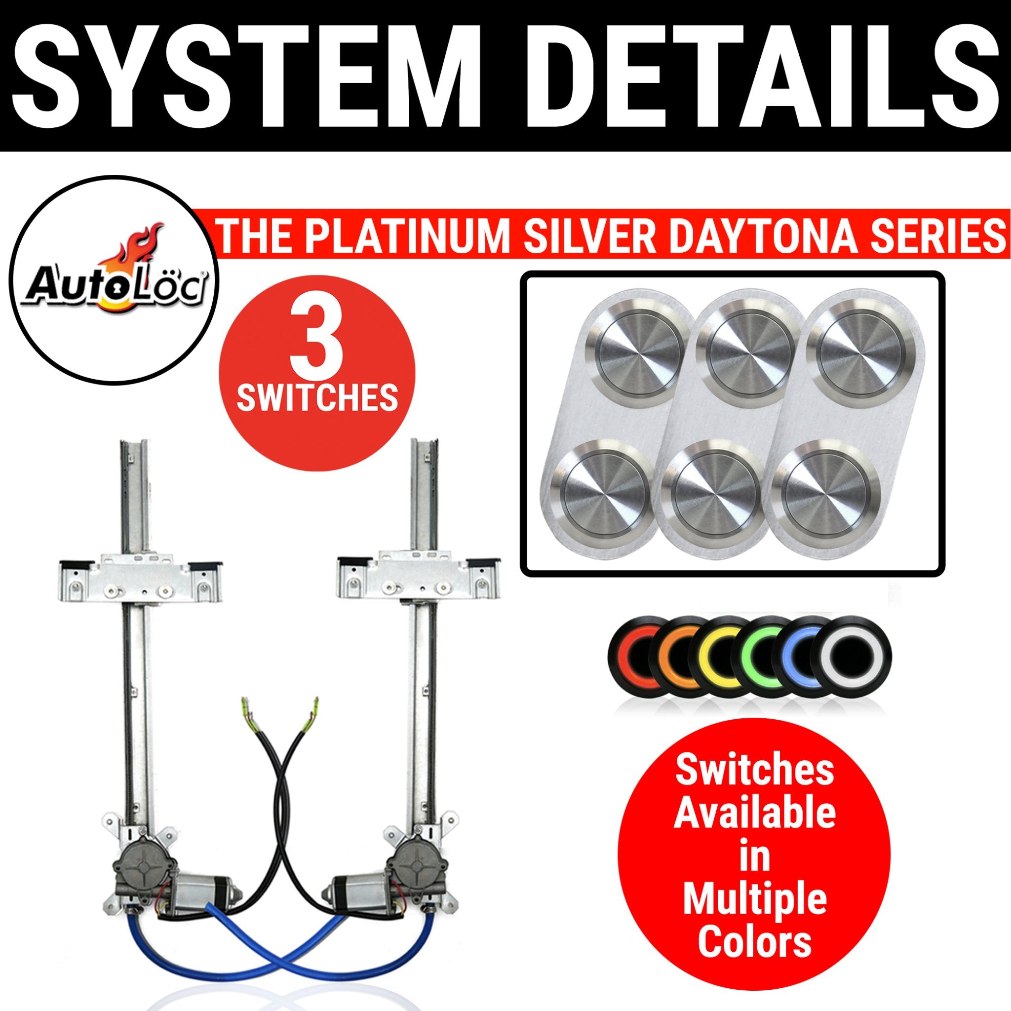 Kit de ventana eléctrica de vidrio plano de 2 puertas con 3 interruptores de aluminio Billet serie Daytona