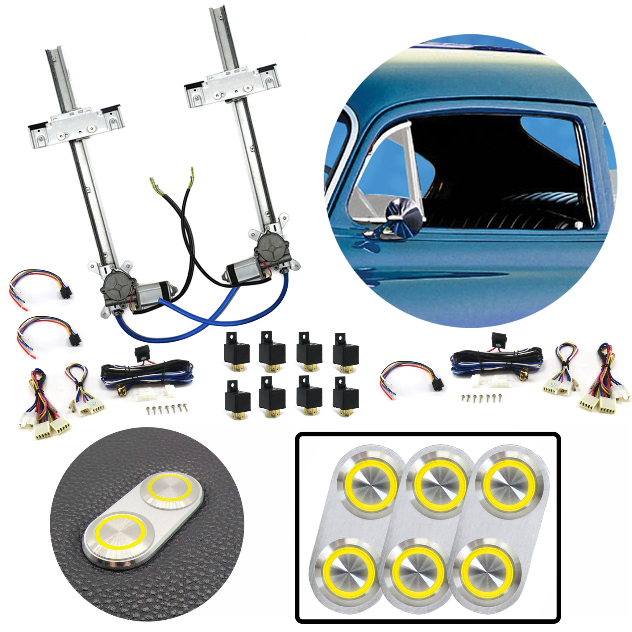 Kit de ventana eléctrica de vidrio plano de 2 puertas con 3 interruptores de aluminio Billet serie Daytona
