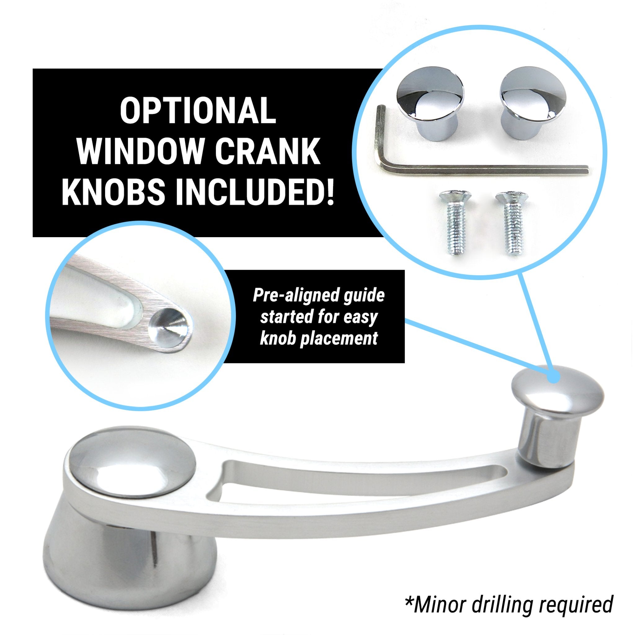 Billet Aluminum Interior Car Door or Window Crank Handle Lever Set Optional Knob