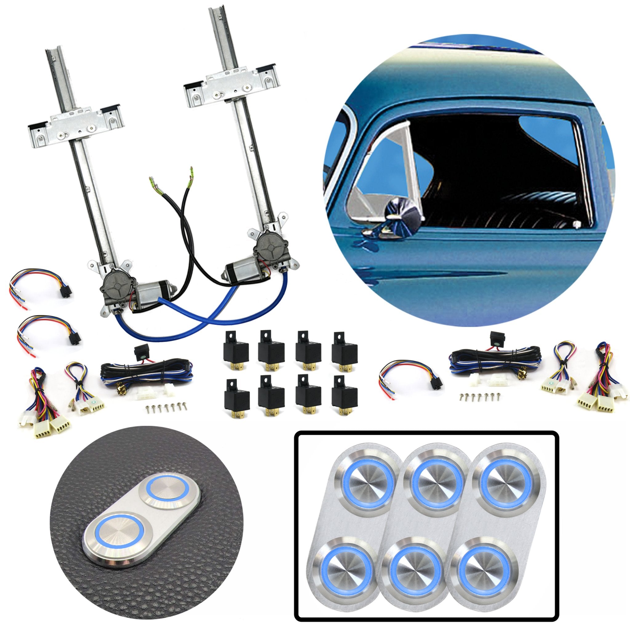 Kit de ventana eléctrica de vidrio plano de 2 puertas con 3 interruptores de aluminio Billet serie Daytona