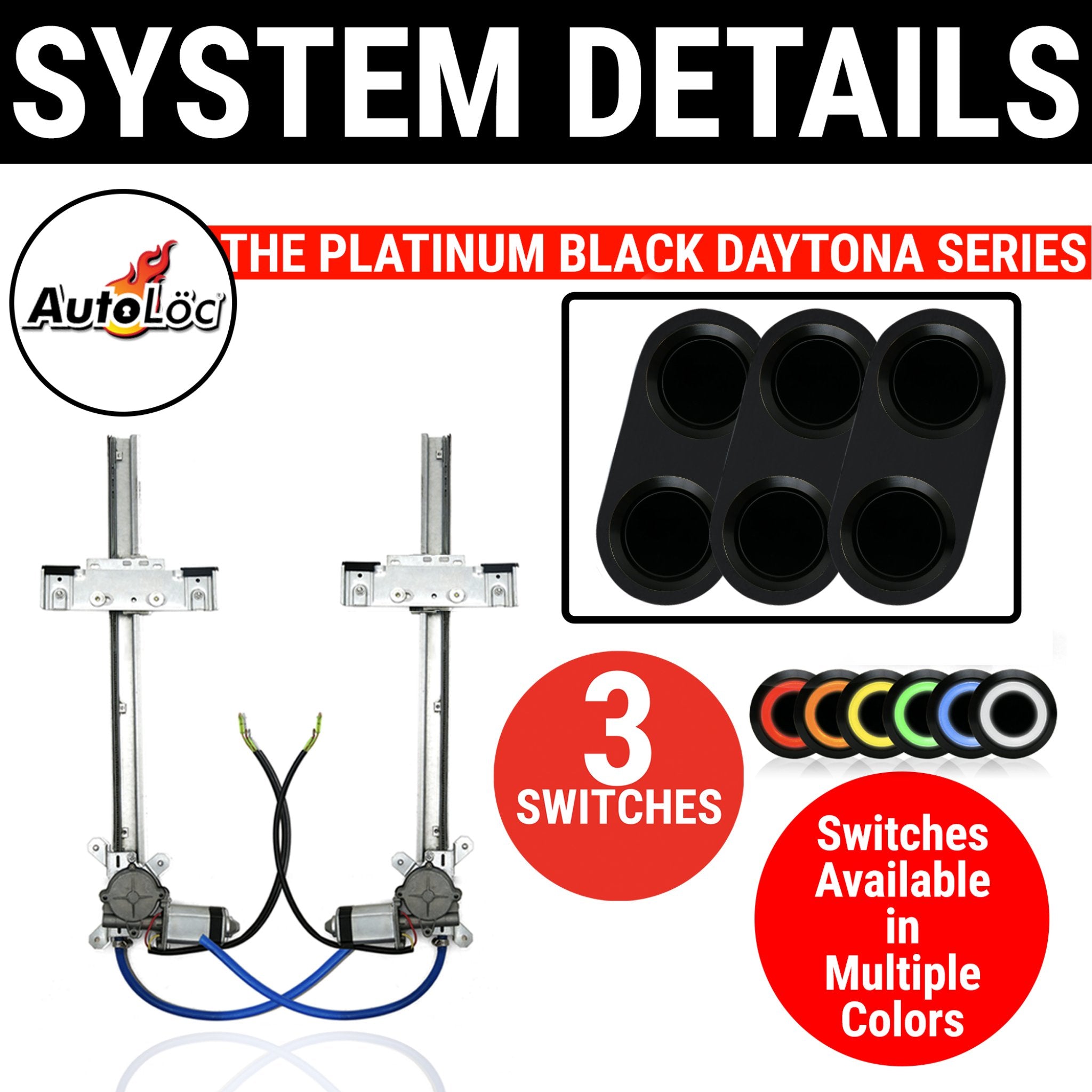 1931 Bentley 4 Litre 2 Door Flat Glass Power Window Kit w/ 3 Black Billet Aluminum Daytona Series Switches