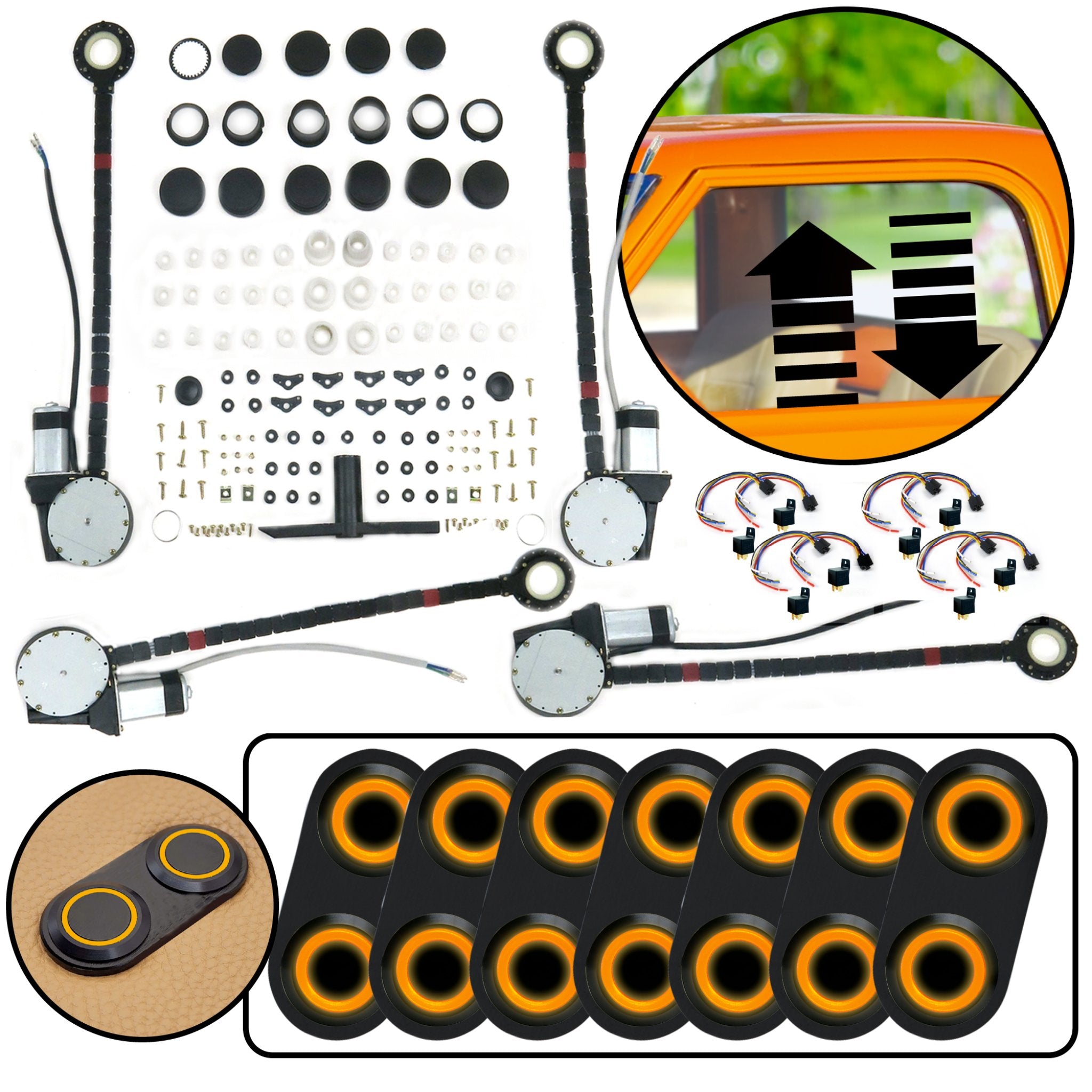 Kit de elevalunas eléctrico universal para coche de 4 puertas con interruptores de la serie Daytona de aluminio billet negro