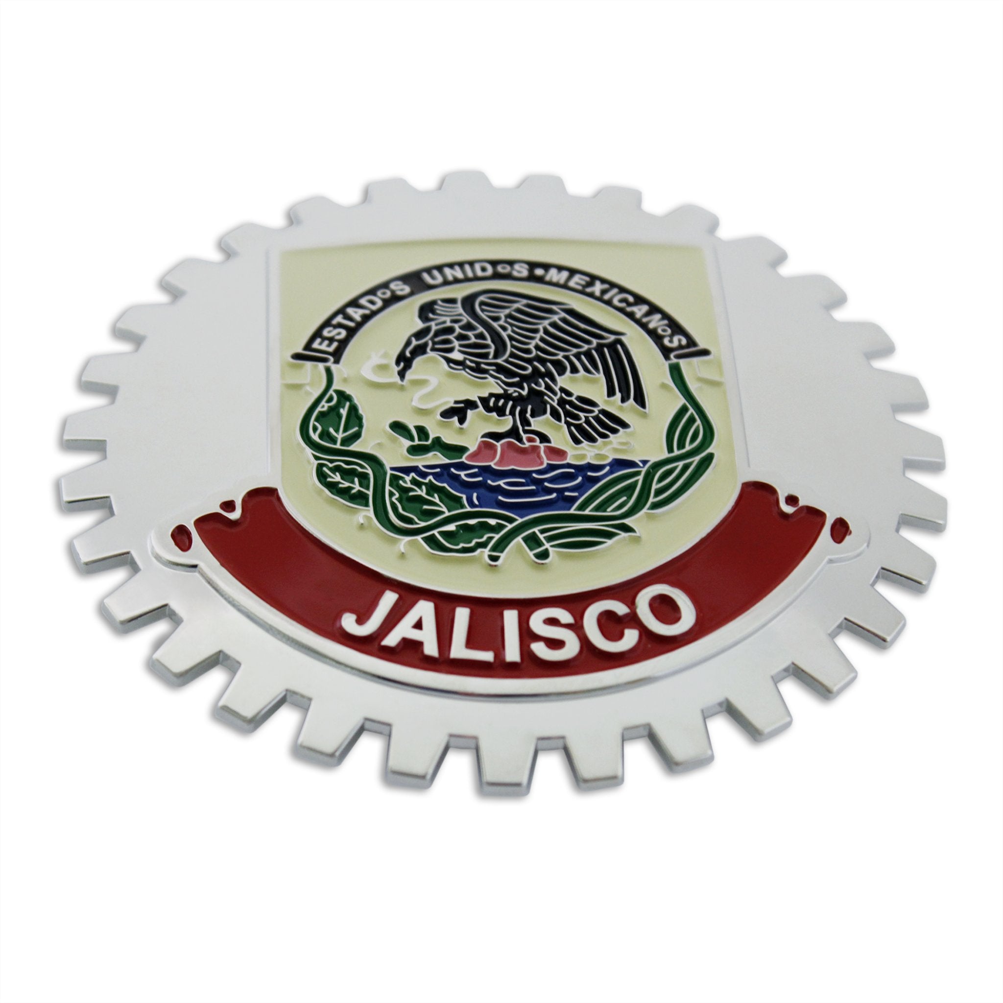 Insignia de parrilla cromada Jalisco México emblema bandera bandera roja medallón coche camión SUV