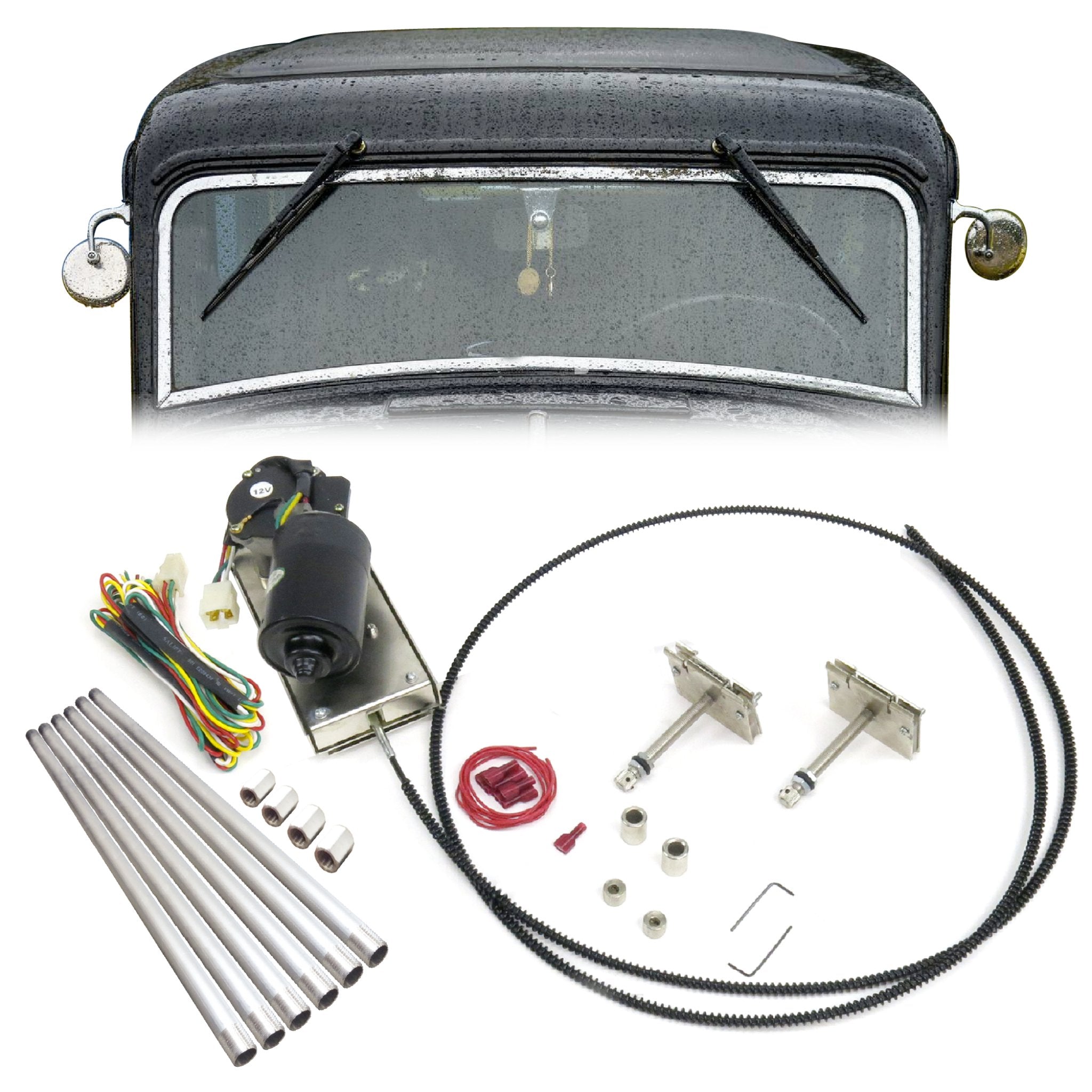 Fully Adjustable Heavy-Duty DC Power Windshield Wiper Kit w/ Harness TRI 5 Ready