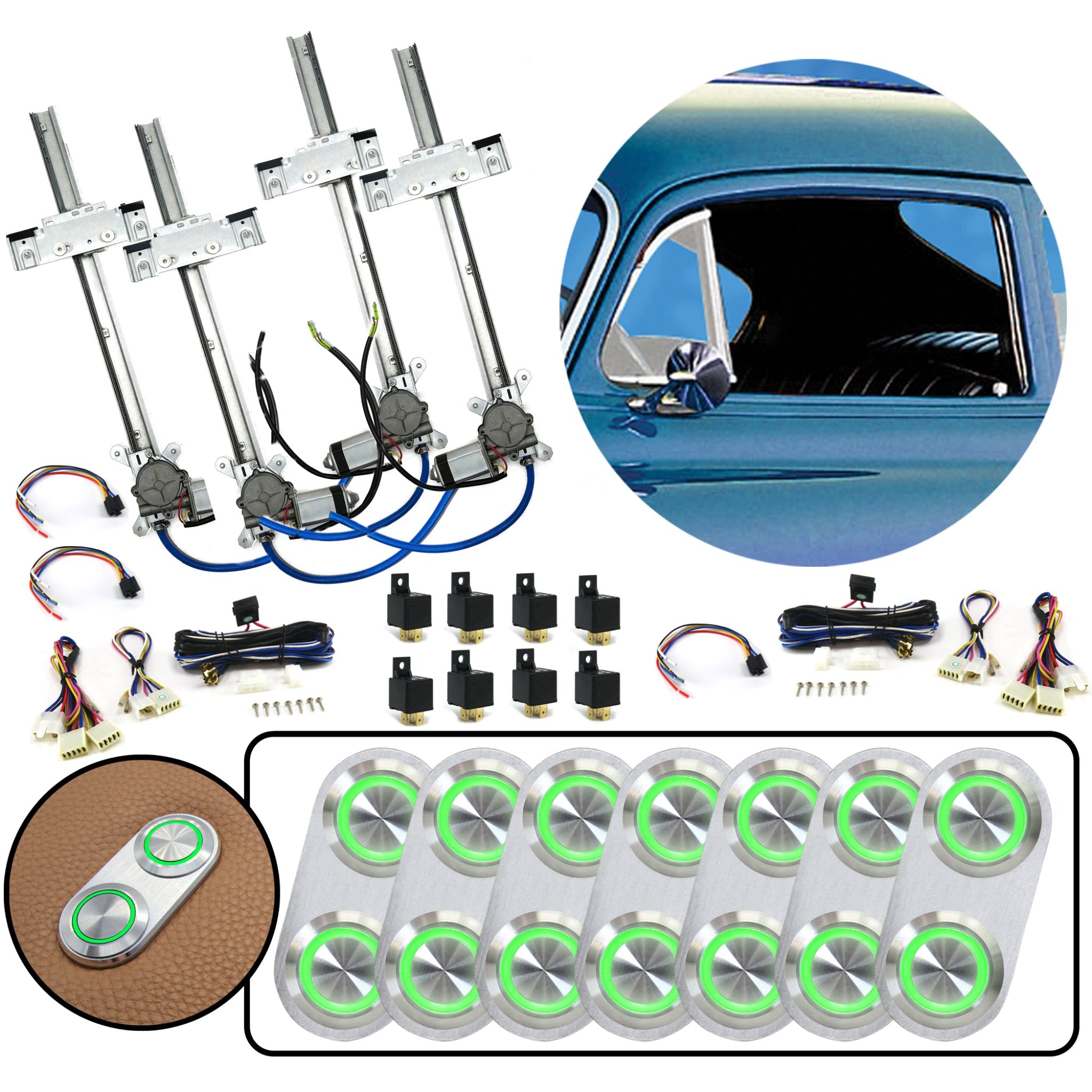 4 Door Flat Glass Power Window Kit with Silver Billet Aluminum Daytona Switches