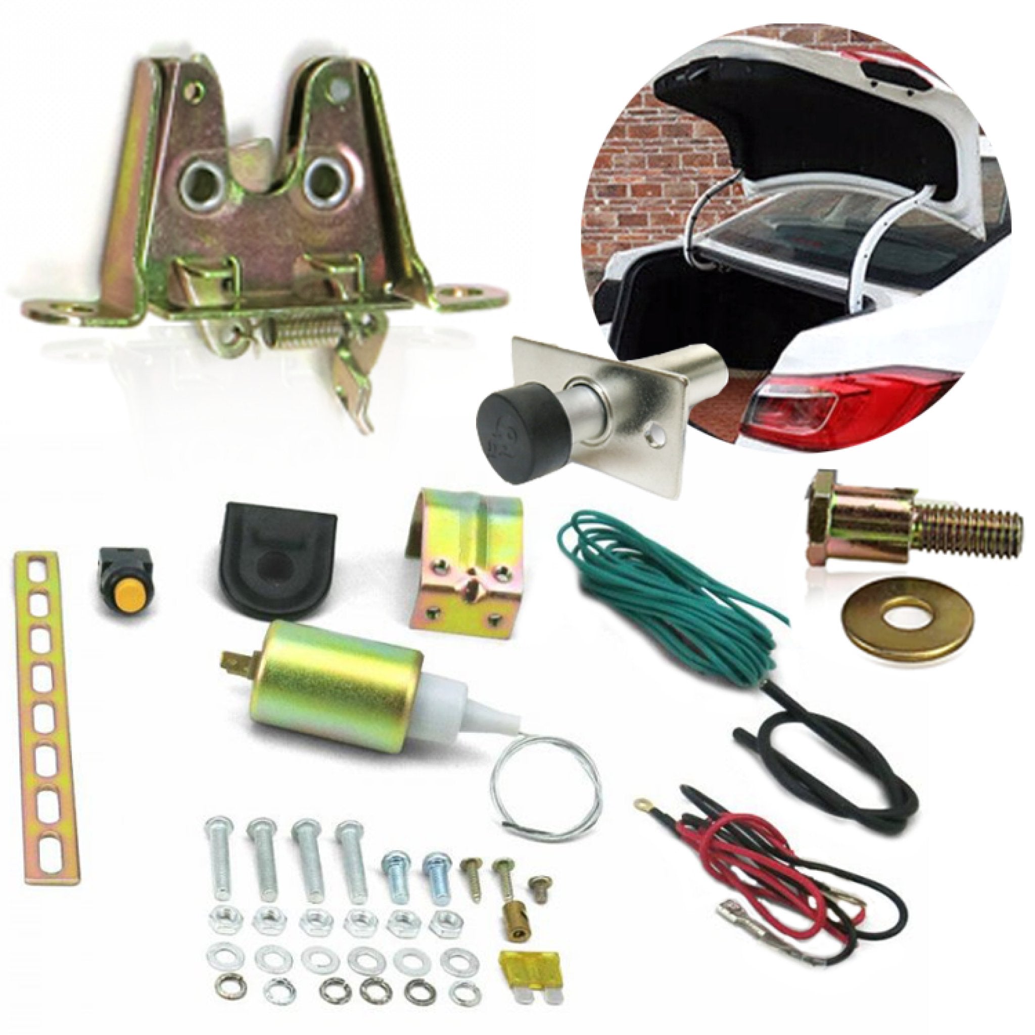 15lb Power Trunk Hood Hatch Gas Cap Kit w/ Solenoid Motor Latch and Door Popper