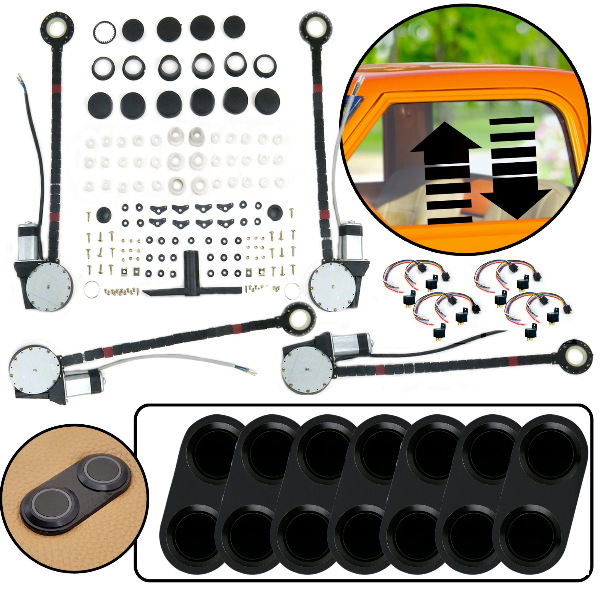 4 Door Universal Car Power Window Kit with Black Billet Aluminum Daytona Series Switches