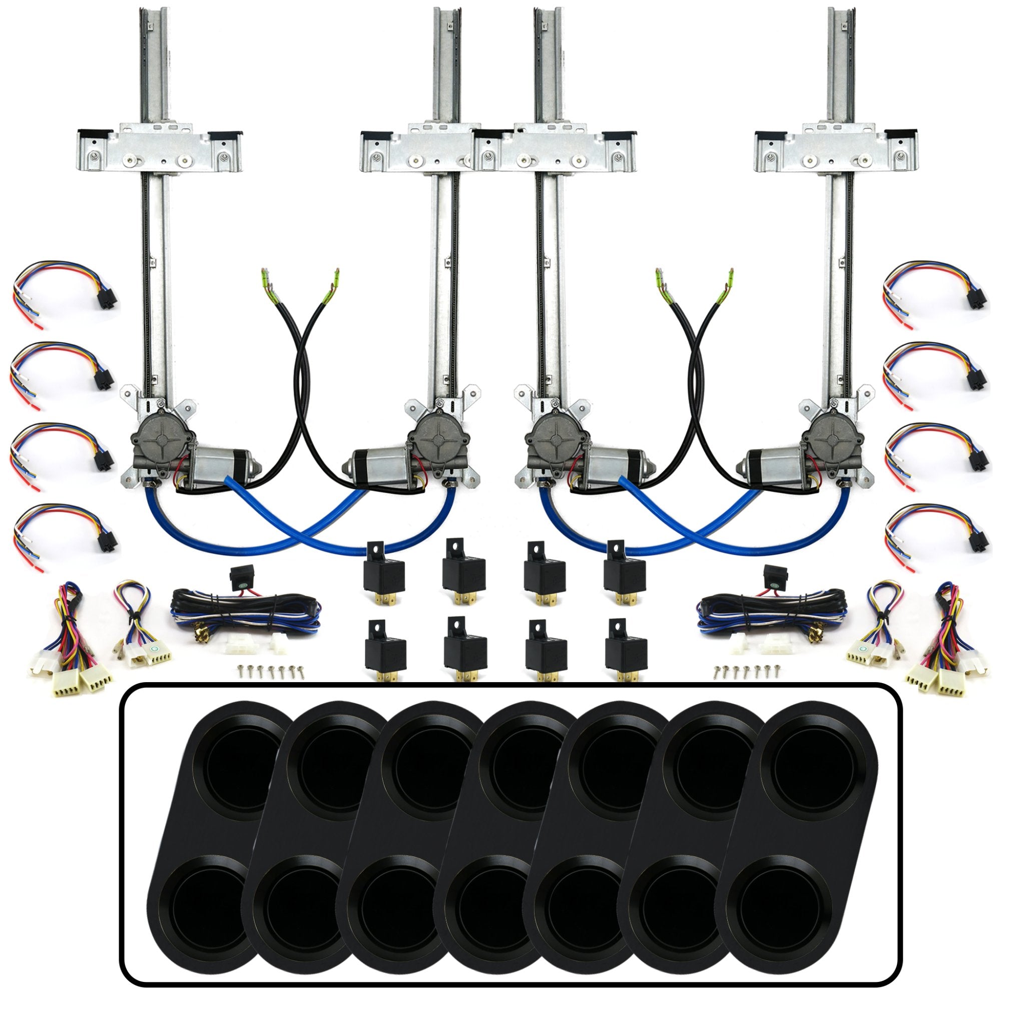 4 Door Flat Glass Power Window Kit with Black Billet Aluminum Daytona Switches