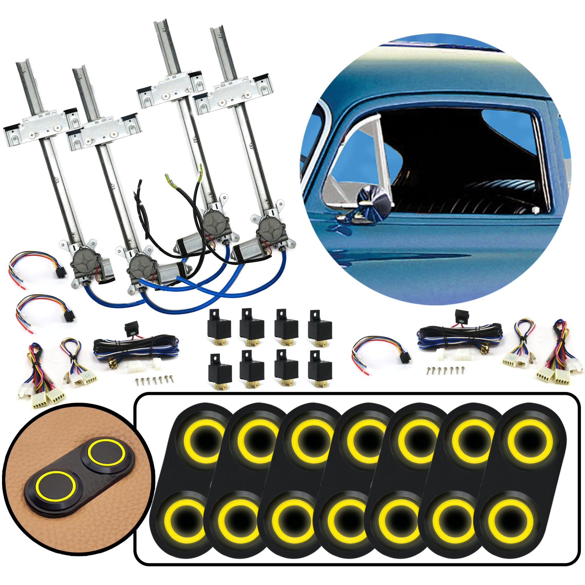 4 Door Flat Glass Power Window Kit with Black Billet Aluminum Daytona Switches