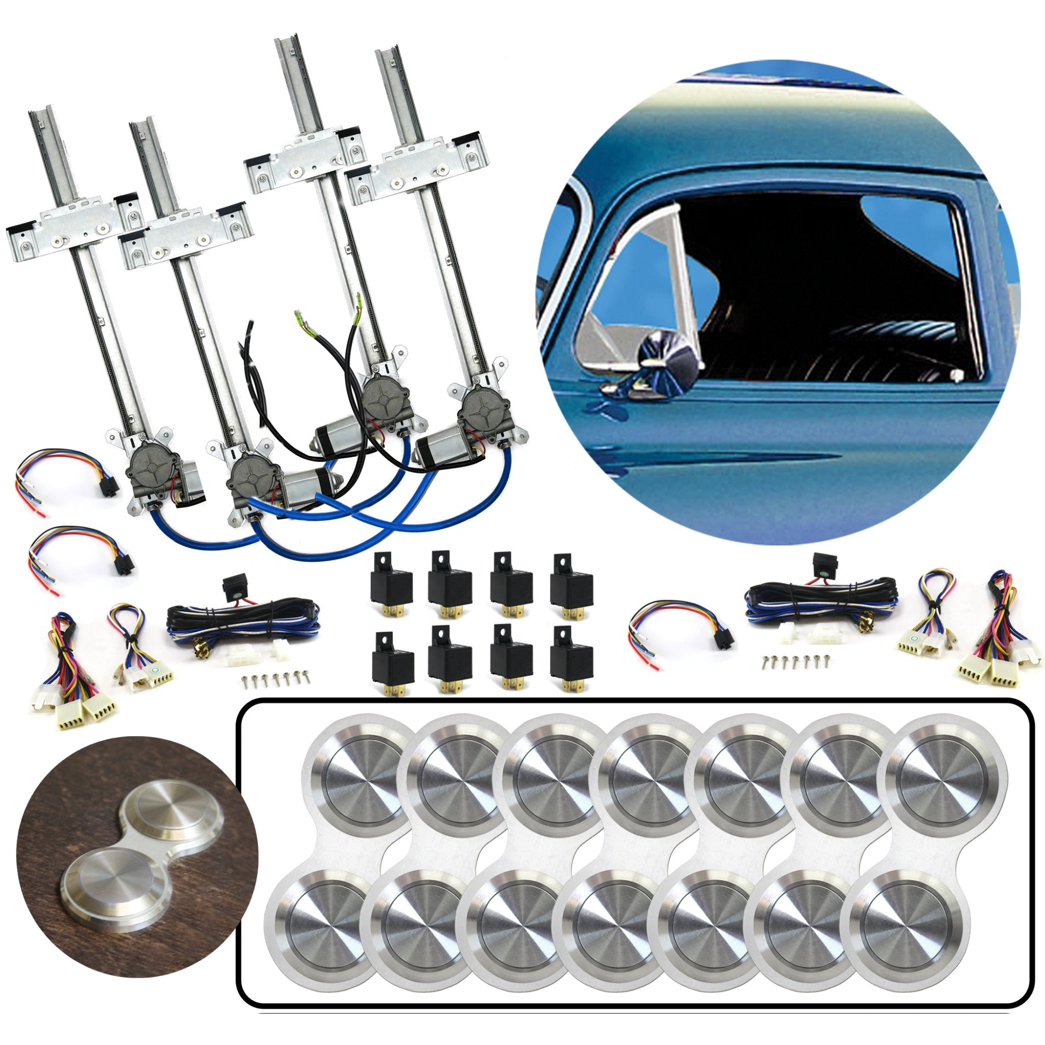 Kit de ventana eléctrica de vidrio plano de 4 puertas con interruptores retro de aluminio Billet plateado