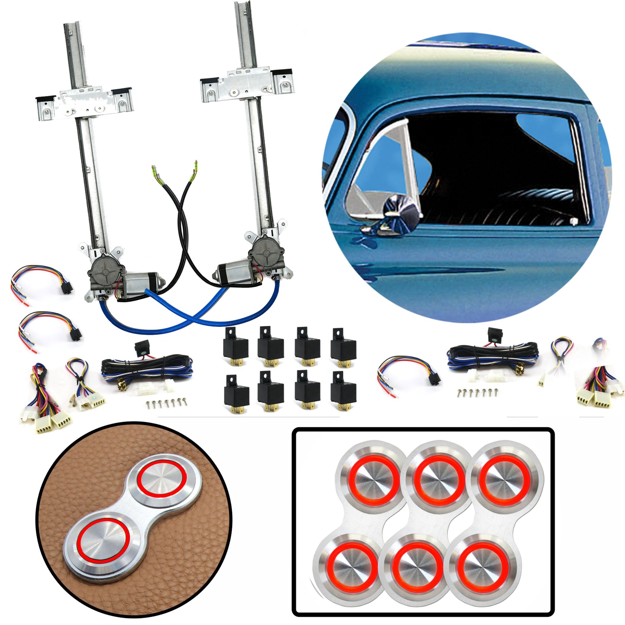 Kit de ventana eléctrica de vidrio plano de 2 puertas con 3 interruptores de aluminio Billet serie Retro