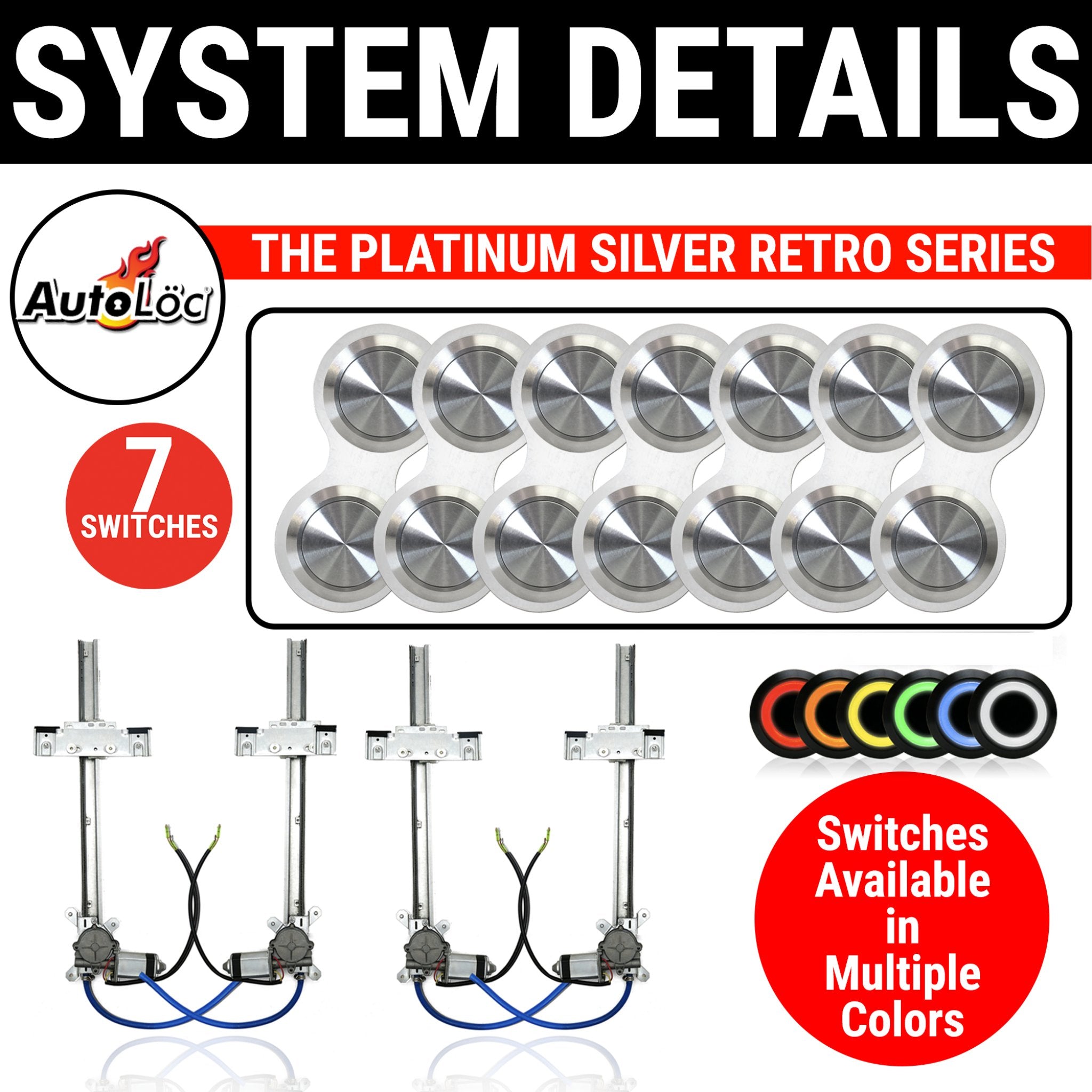 1946-1948 Chrysler C23 4 Door Flat Glass Power Window Kit with Silver Billet Aluminum Retro Switches