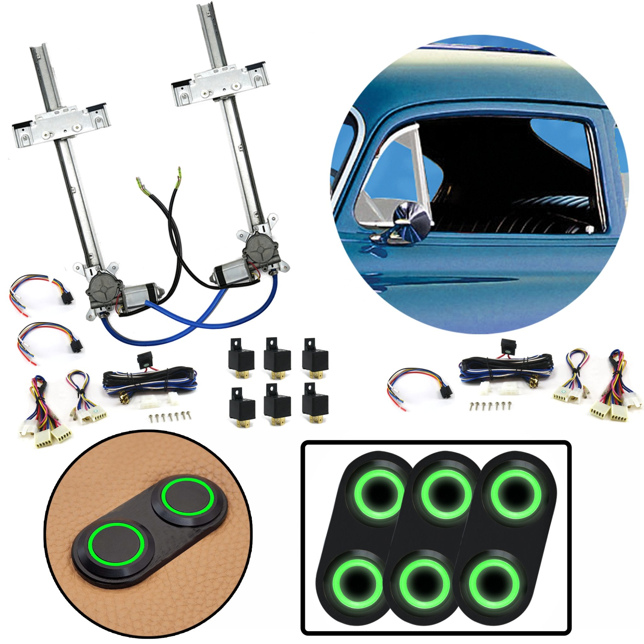 2 Door Flat Glass Power Window Kit w/ 3 Black Billet Aluminum Daytona Series Switches