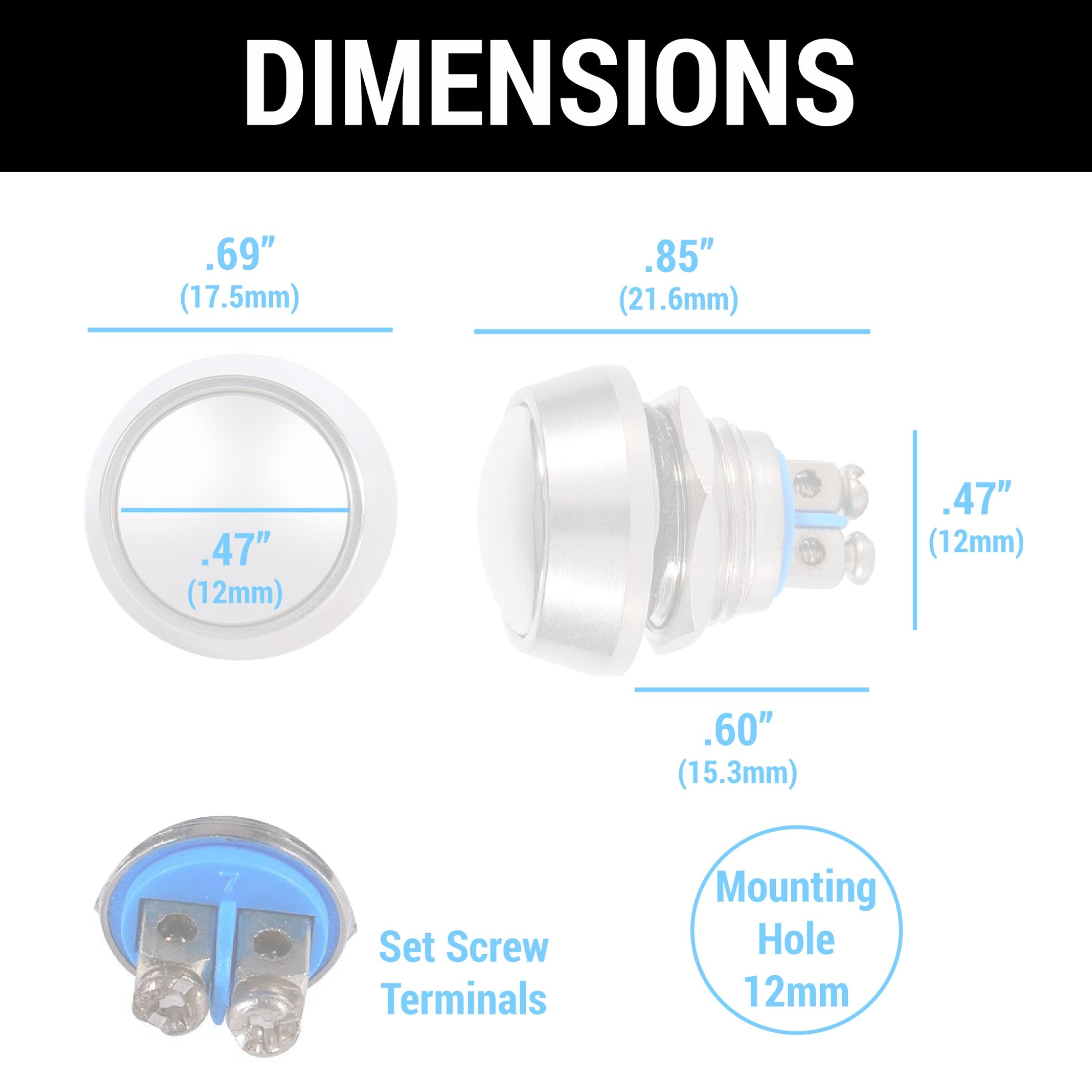 12mm Domed 12V Momentary Billet Push Button Switch 2A 6-36V IP66