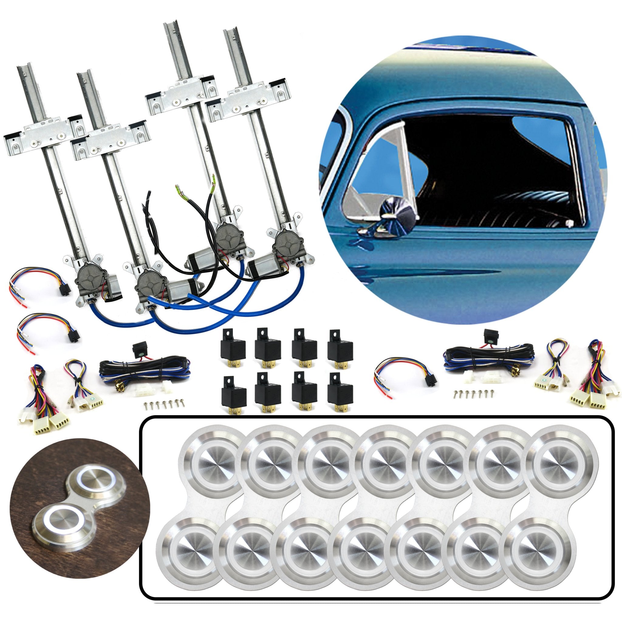 4 Door Flat Glass Power Window Kit with Silver Billet Aluminum Retro Switches