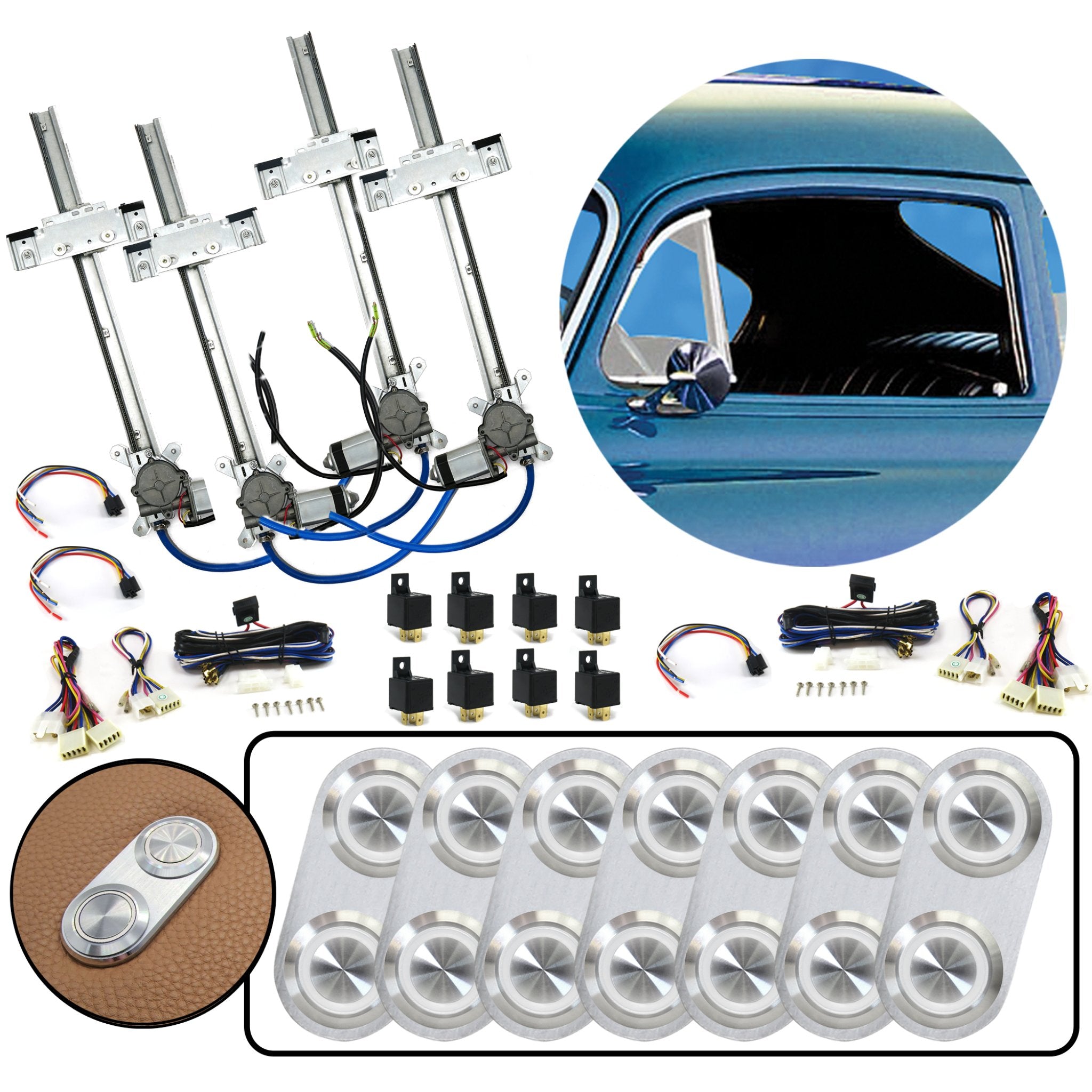 4 Door Flat Glass Power Window Kit with Silver Billet Aluminum Daytona Switches