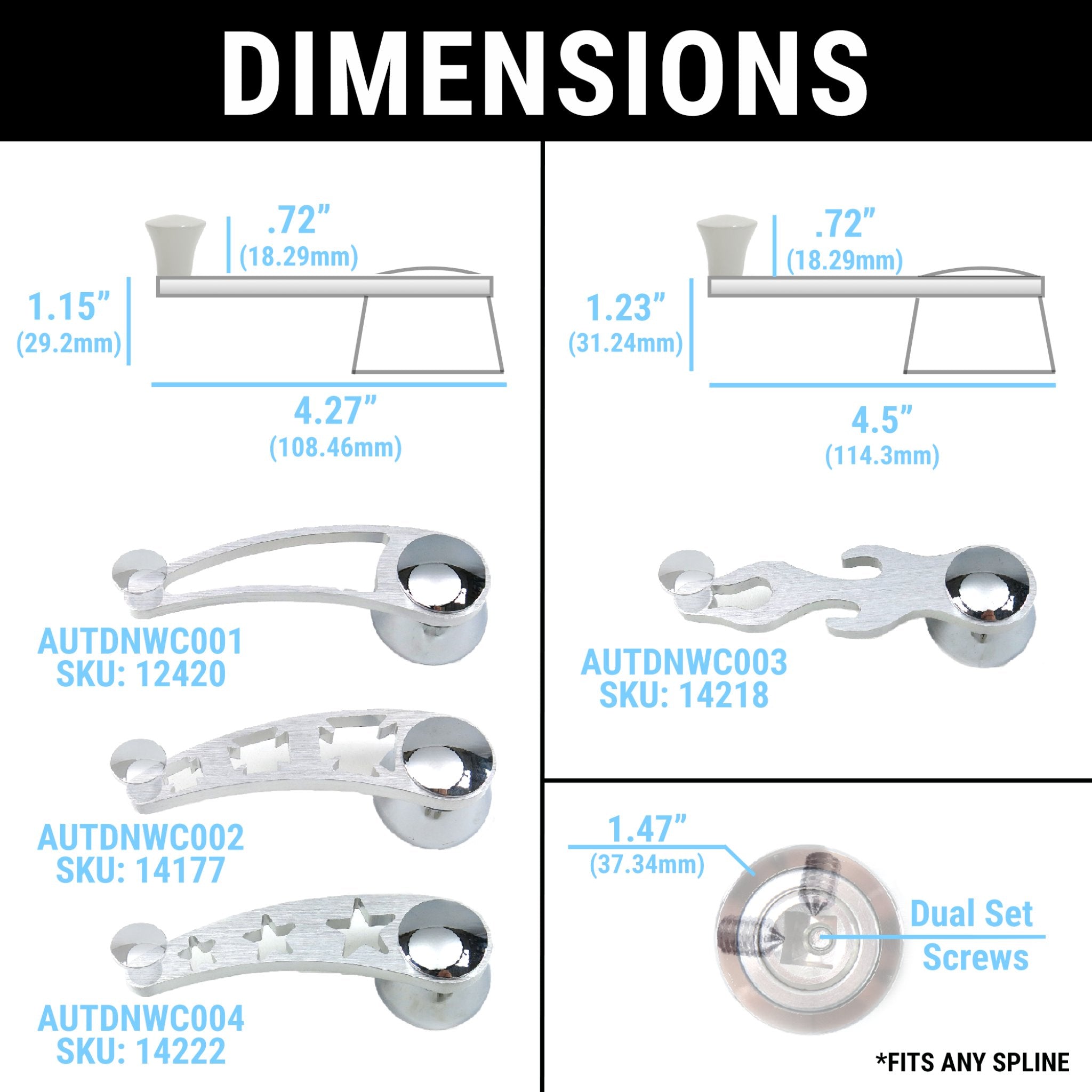 Universal 12V Car Power Window Billet Crank Switch & Star Lever Handles Kit