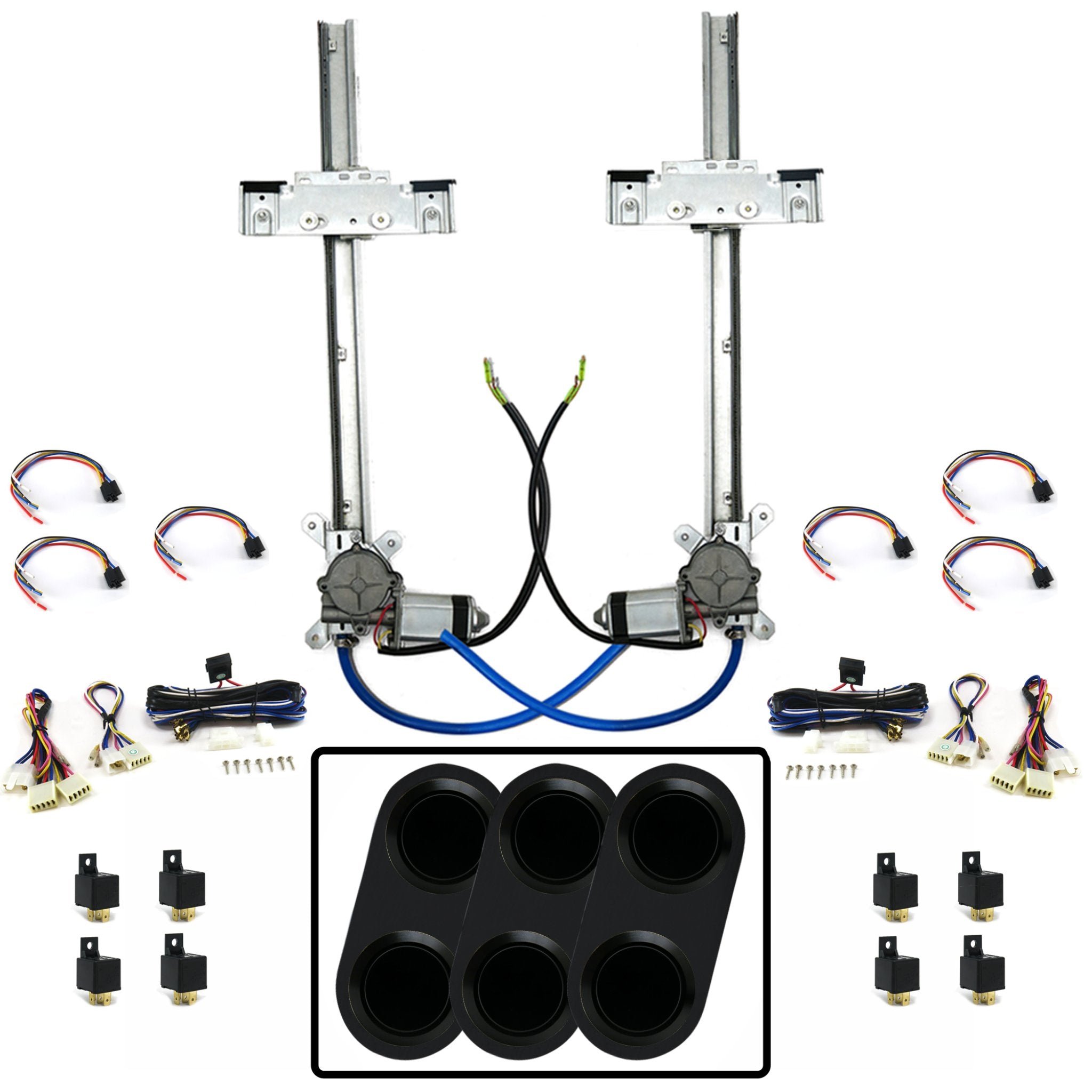 2 Door Flat Glass Power Window Kit w/ 3 Black Billet Aluminum Daytona Series Switches