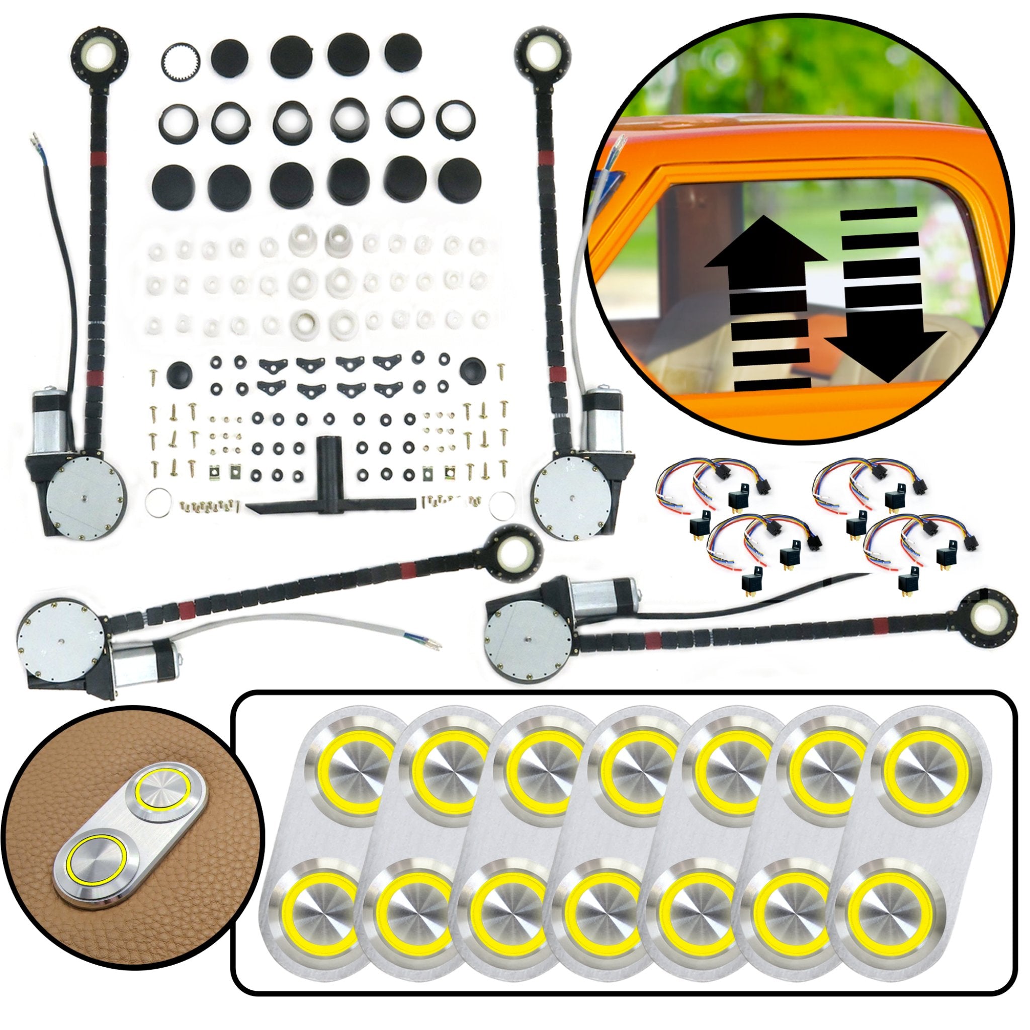 4 Door Universal Car Power Window Kit with Billet Aluminum Daytona Series Switches