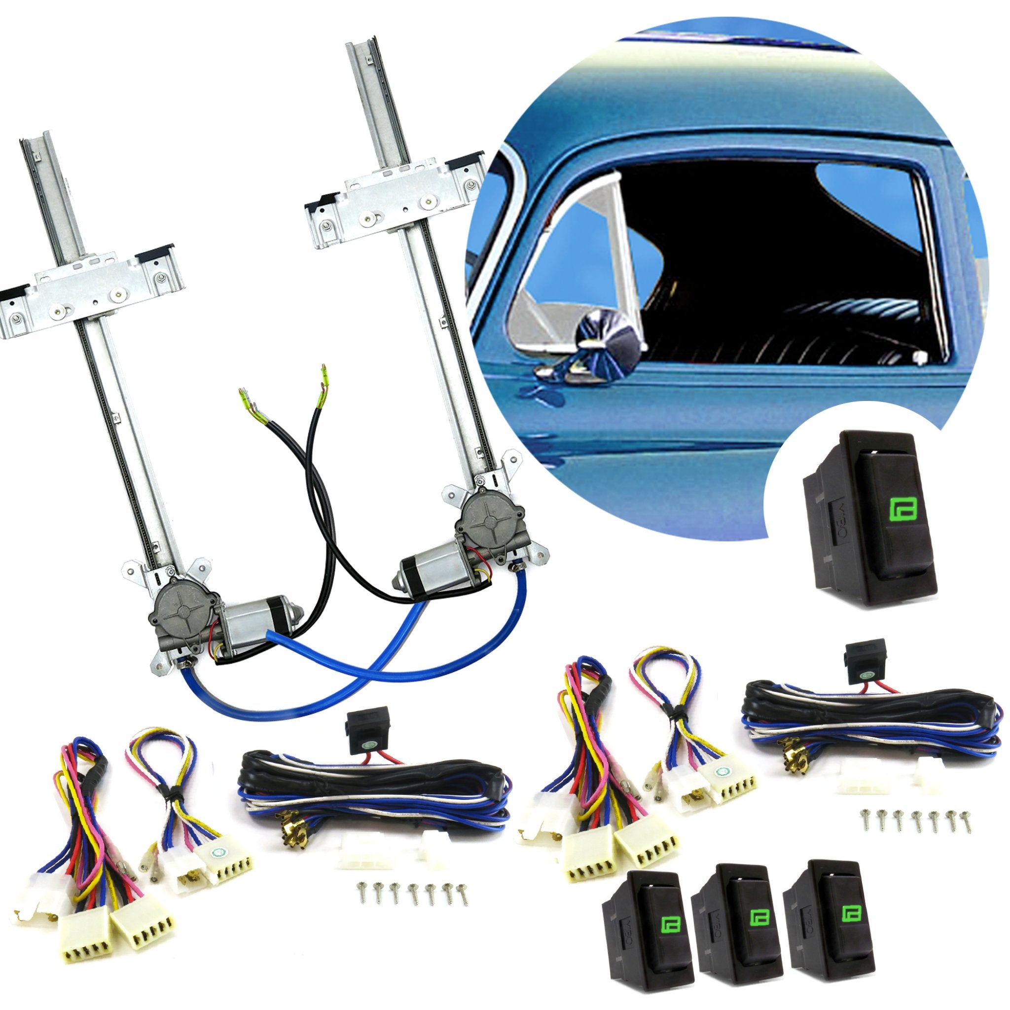 Kit de ventana eléctrica de 12 V de vidrio plano de 2 puertas con 3 interruptores y arnés de cableado