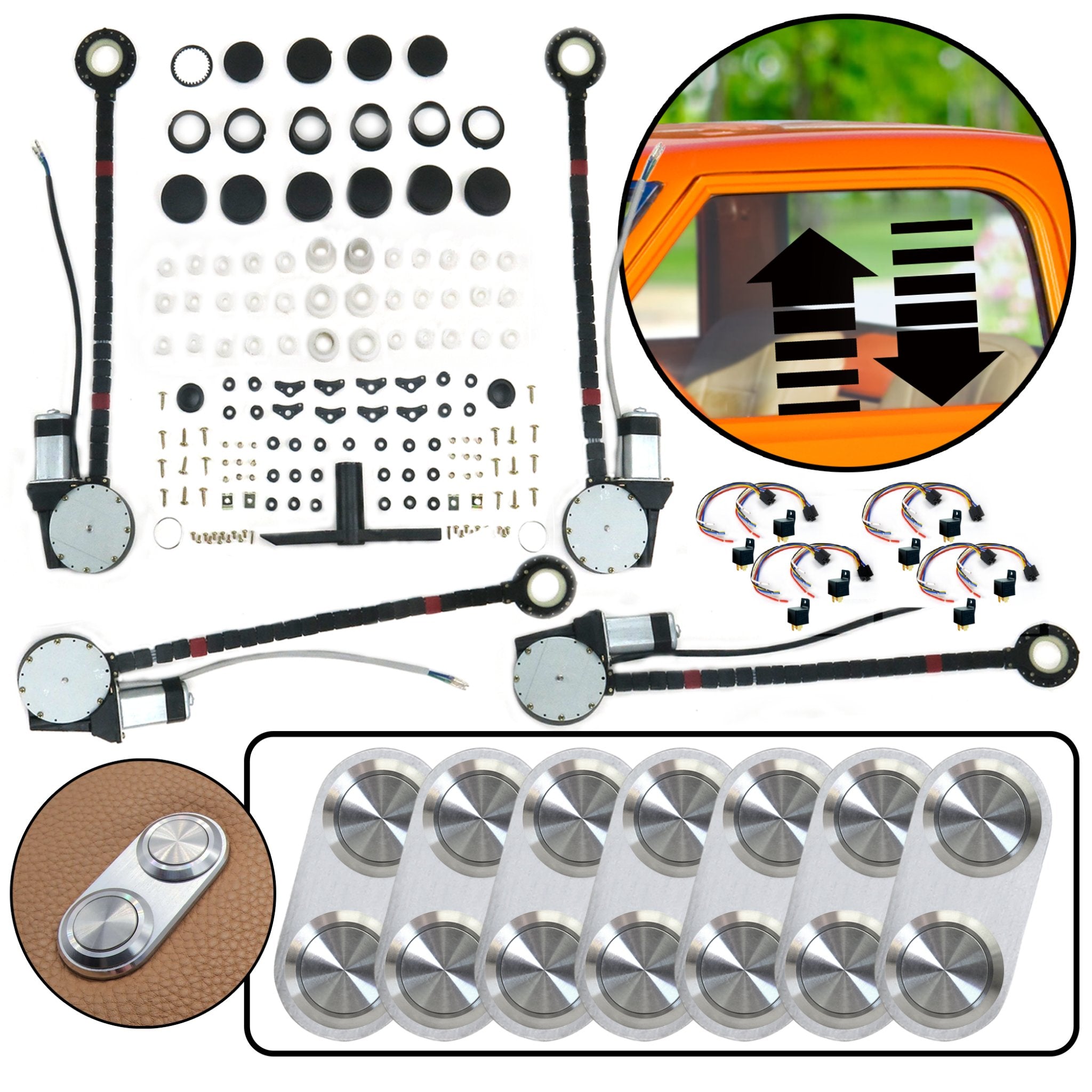 Kit de elevalunas eléctrico universal para coche de 4 puertas con interruptores de la serie Daytona de aluminio billet