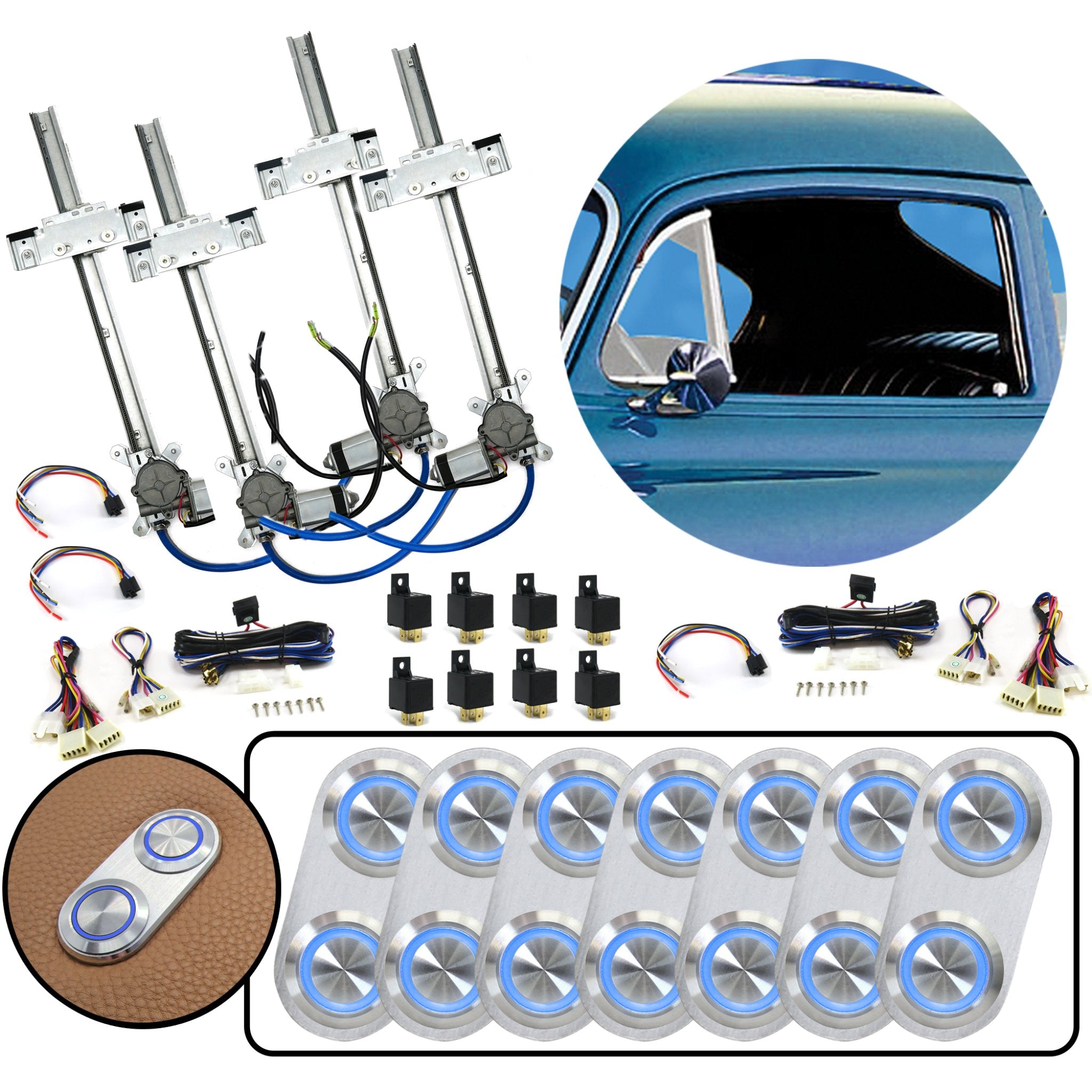 4 Door Flat Glass Power Window Kit with Silver Billet Aluminum Daytona Switches