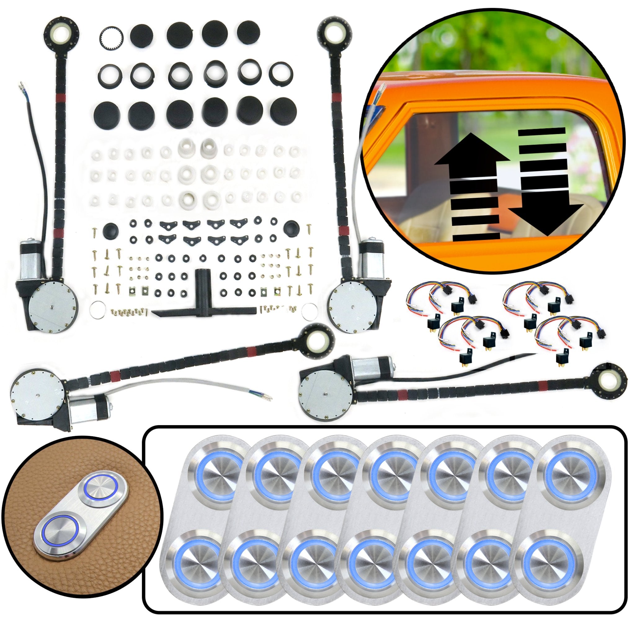 4 Door Universal Car Power Window Kit with Billet Aluminum Daytona Series Switches