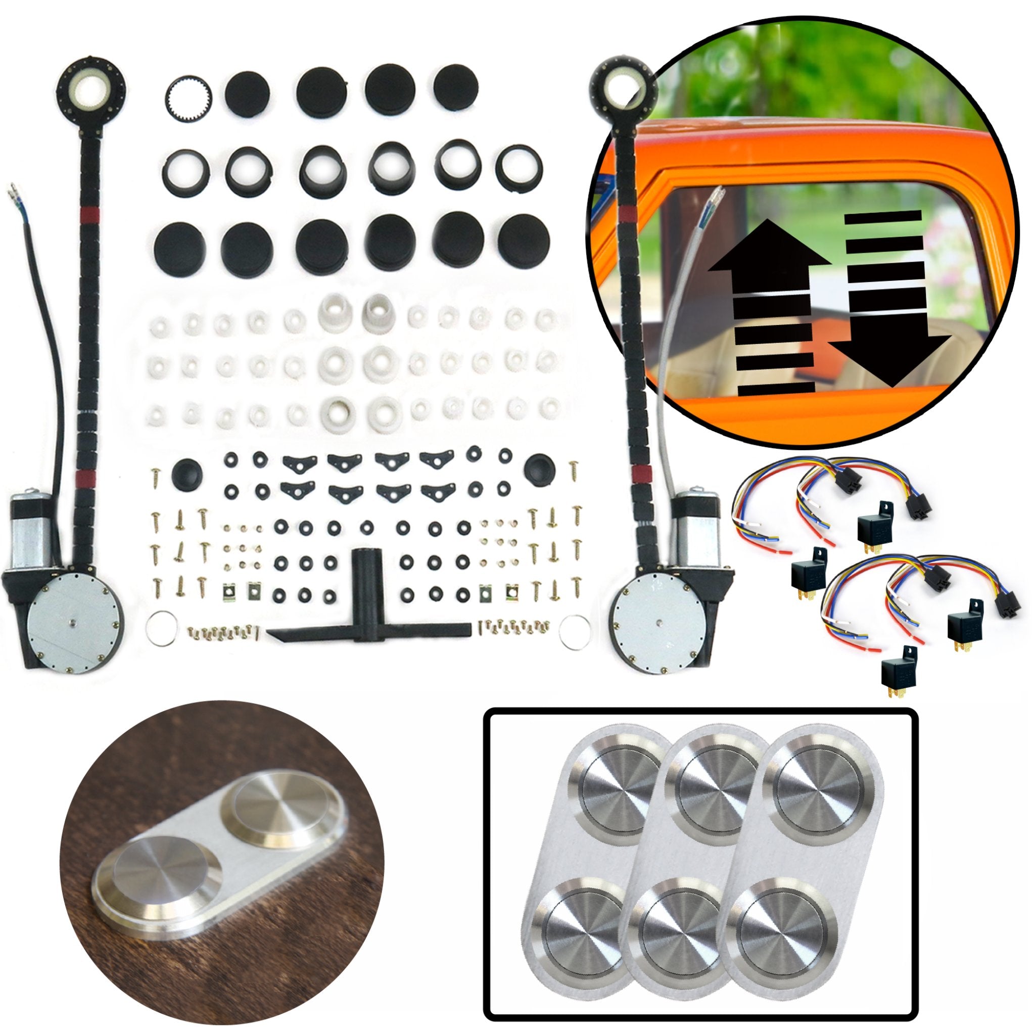 Kit de elevalunas eléctrico universal para coche de 2 puertas con interruptores de la serie Daytona de aluminio billet