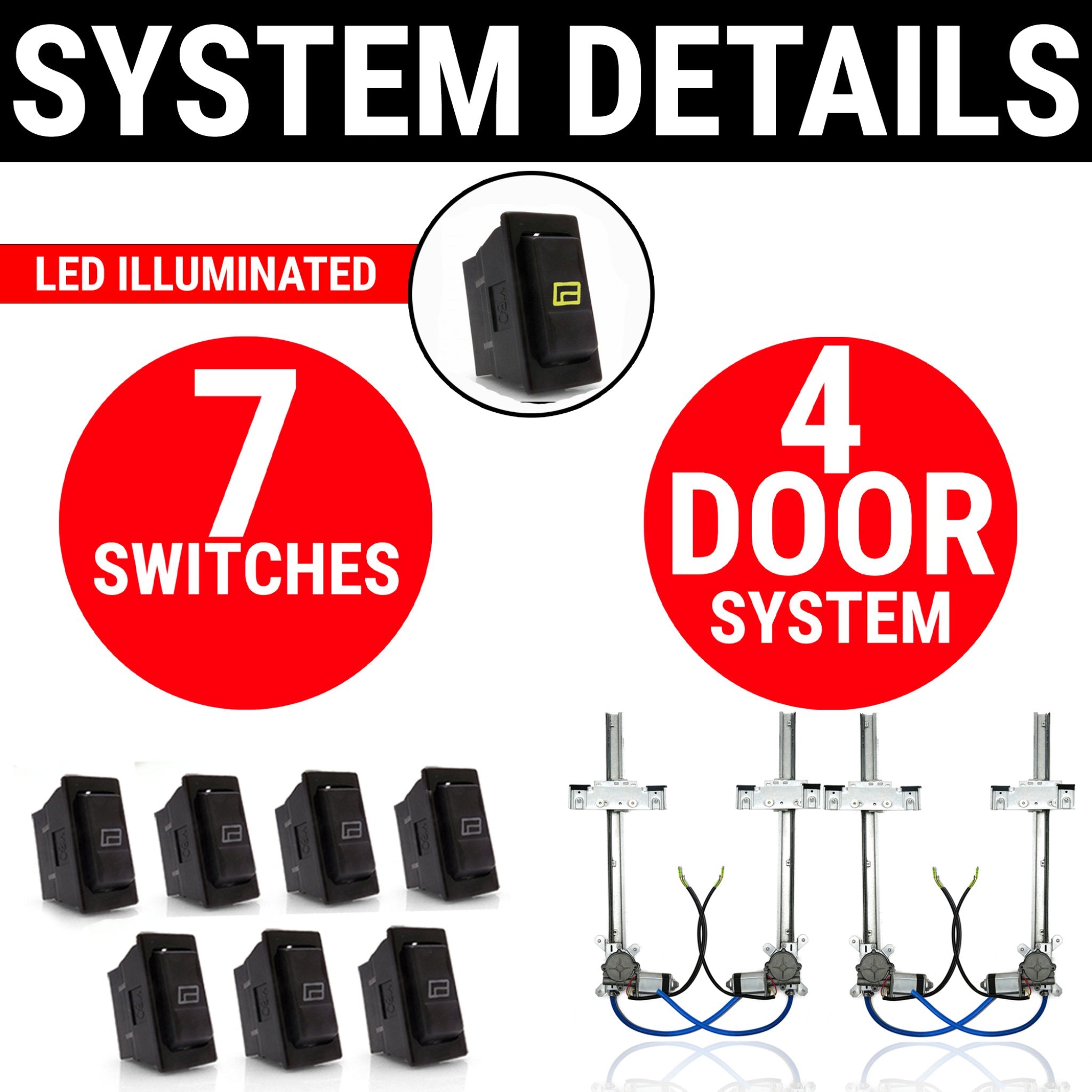 1936-1942 Toyota AB 4 Door Power Window Kit Flat Glass With Switches & Wiring Harness