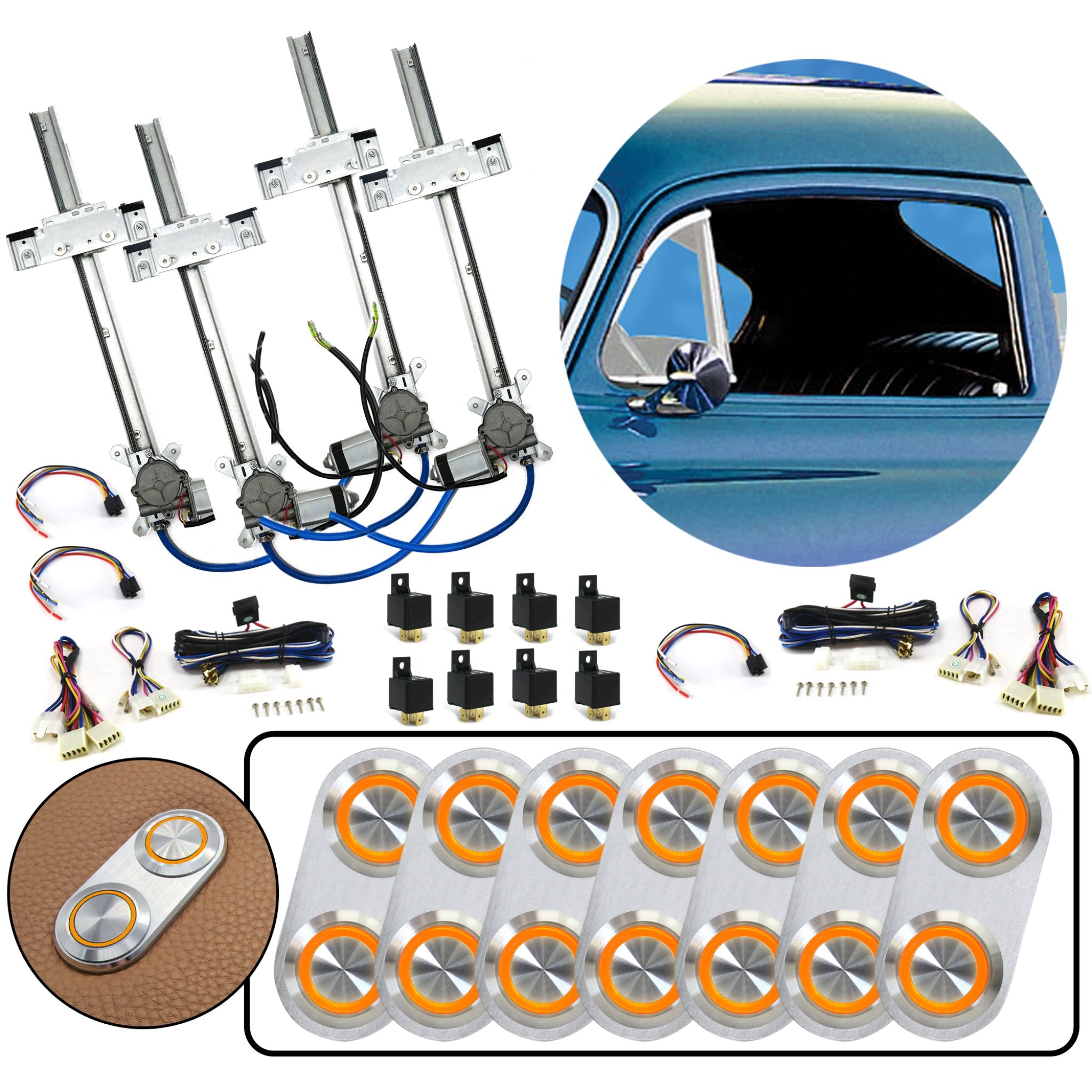 4 Door Flat Glass Power Window Kit with Silver Billet Aluminum Daytona Switches