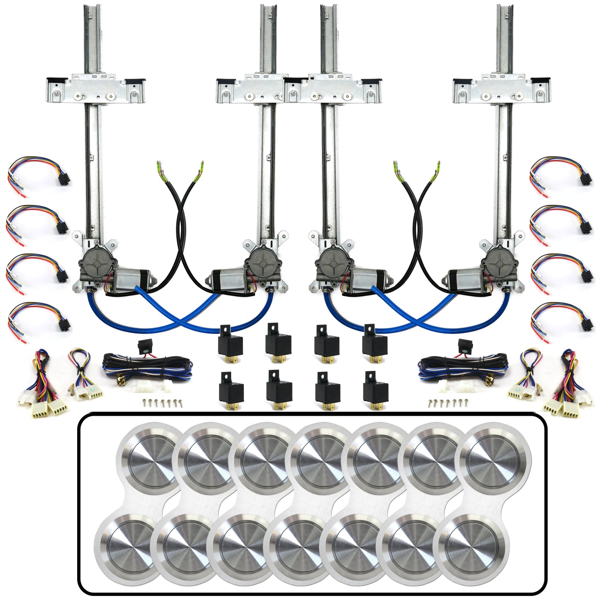 1946-1948 Chrysler C23 4 Door Flat Glass Power Window Kit with Silver Billet Aluminum Retro Switches