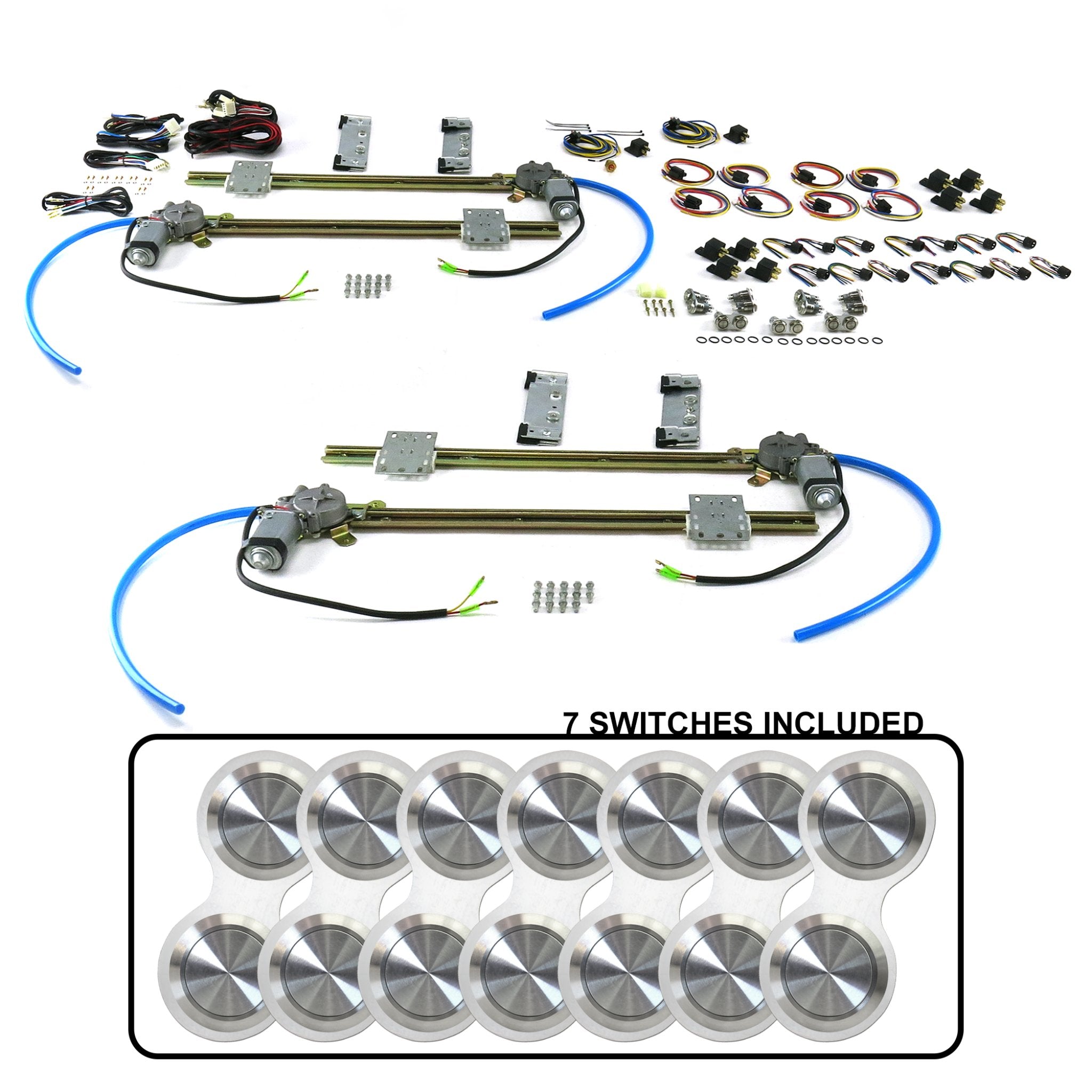 4 Door Flat Glass Power Window Kit with Silver Billet Aluminum Retro Switches