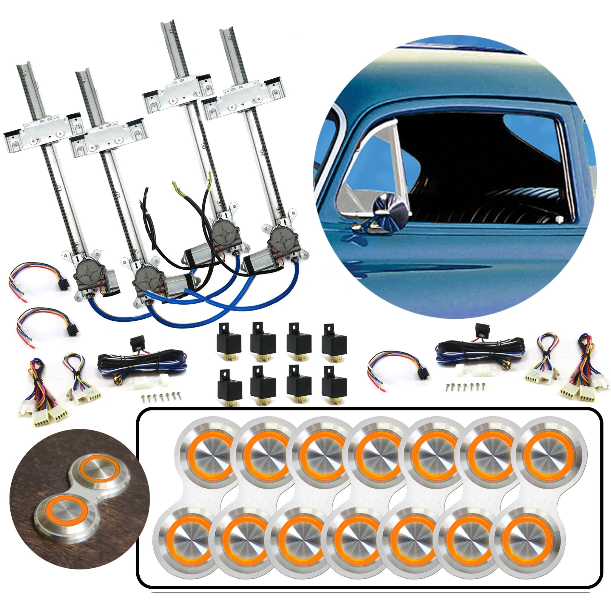 4 Door Flat Glass Power Window Kit with Silver Billet Aluminum Retro Switches