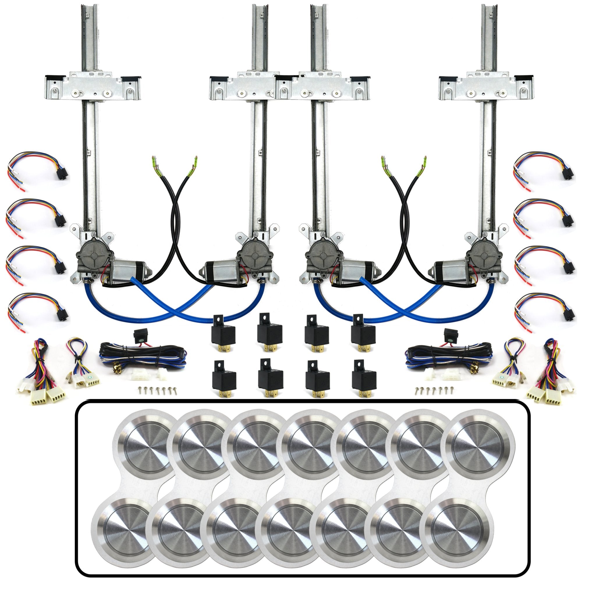 4 Door Flat Glass Power Window Kit with Silver Billet Aluminum Retro Switches