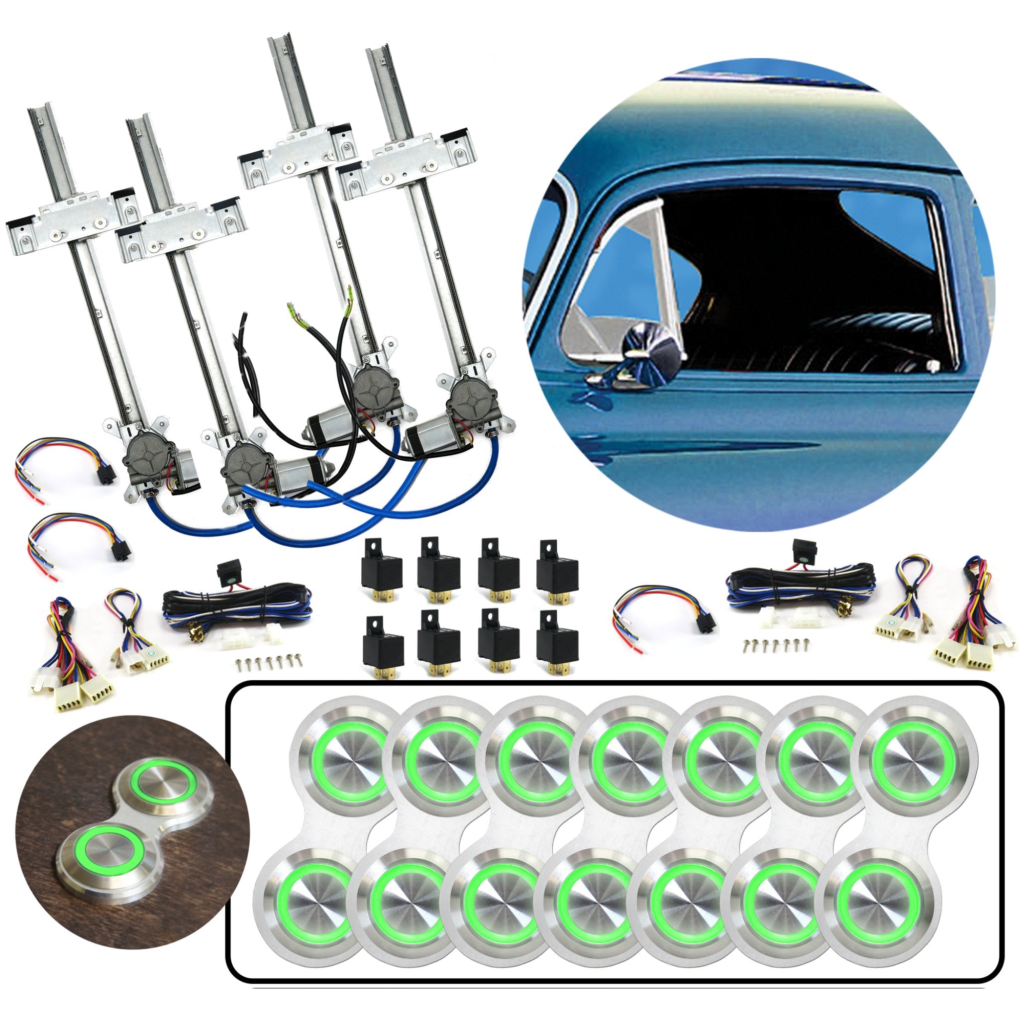 4 Door Flat Glass Power Window Kit with Silver Billet Aluminum Retro Switches